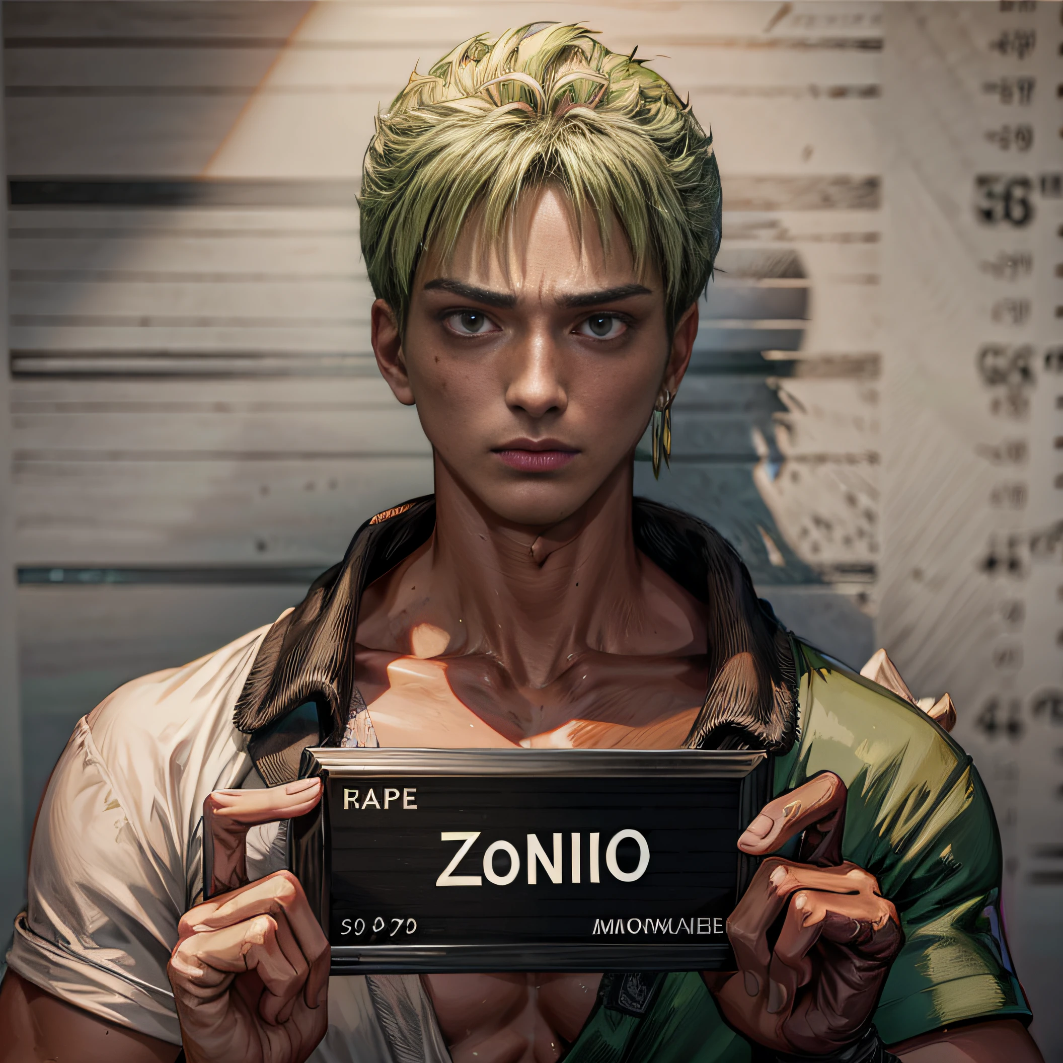 corpse, sinister, male, looking at the camera, ultra realistic, fully detailed, cemetery environment, bright eyes, white dress torn and stained with blood, bones exposed, putrid wounds, sensual, terrifying, bruised by the body, exposed fracture in the collarbone, slight smile, super detailed, white eyes,gun shots in the body, Zoro, Roronoa Zoro,