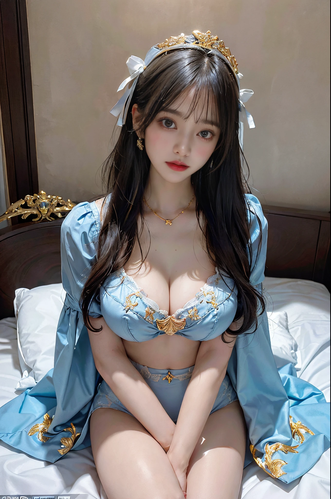 (Front focus),royal bed,Surrealist portraits of women by David Hockney and Alphonse Mucha,((Cross your arms and raise them above your head))、((royal bed)),Fantasyart,((black wave shorthair cat))、((light blues、white and gold underwear))、realisticlying,动态照明,art stations,poster for,Volumetriclighting,Richer facial details,4 thousand”,((gigantic cleavage breasts))、Beautifully embroidered award winning light blue、white and gold underwear,There are diamonds,Sexy thighs,Decorated with delicate light blue embroidery, White and gold lingerie and fine jewelry,Exposing the abdomen ,boobs 1 girl, in the darkness nigth, deep shading, low pitch, cow boy shot,(official outfit:1.4), Eyes confused and seductive,legs separated