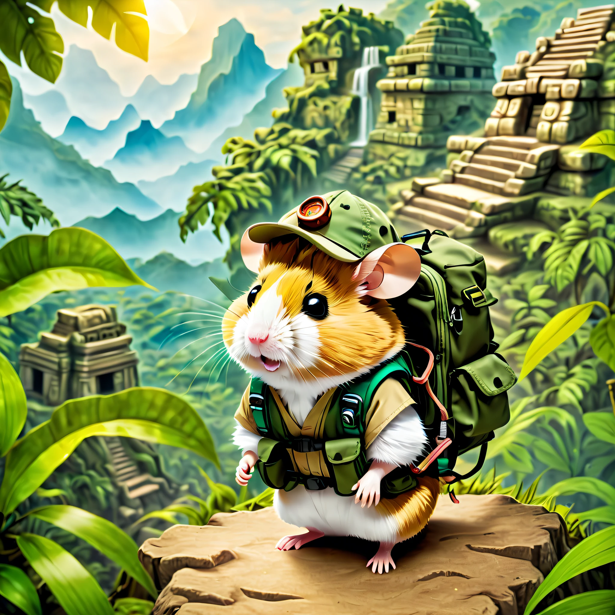 (1 cute hamster adventurer,Hamster Adventurer wears lightweight yet hard-wearing adventure clothing。Camouflage color adventure vest,Ample pockets for storing gadgets and food。Wearing an adventure hat,There is a string tied to the chin of the hat,Hamster adventurer carrying a small backpack,A rope tied to the backpack。A backpack filled with essential adventure tools,like a little compass,Bring a small hiking pole),(((Hamster Adventurer Mountain Climbing,Mayan temple))),(((The background is a primeval jungle))),(电影灯光, first person perspective, angle of view, in a panoramic view, ultra-wide-angle, hyper HD, Anatomically correct, tmasterpiece, Acura, Award-Awarded, Best quality)
