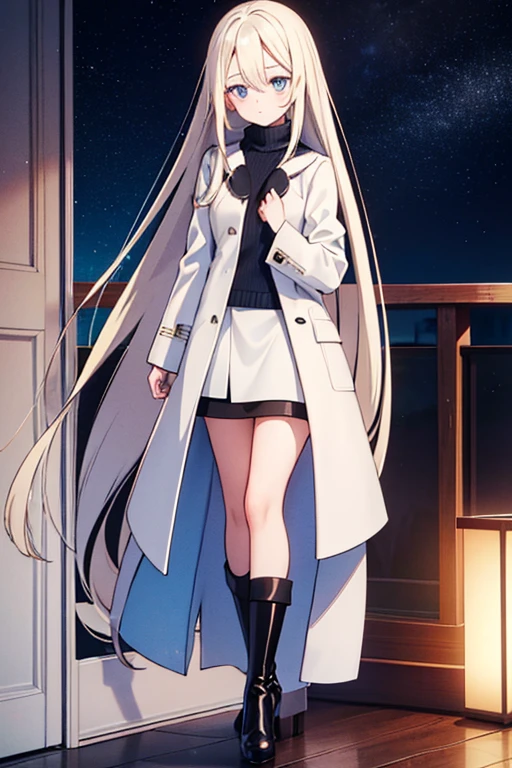 Young, slim, and very petite woman with long yellow hair, bangs across her forehead, bright blue eyes, wearing a white wool sweater that subtly emphasizes her bust, white stockings, and an open-front black coat over the sweater, a black mini skirt, and high-heeled black boots. She is standing on a balcony, looking at the starry sky on a moonlit night. This description is a masterpiece, high-quality, and in high resolution. The woman is alone, and her cosmetics express a sense of happiness.