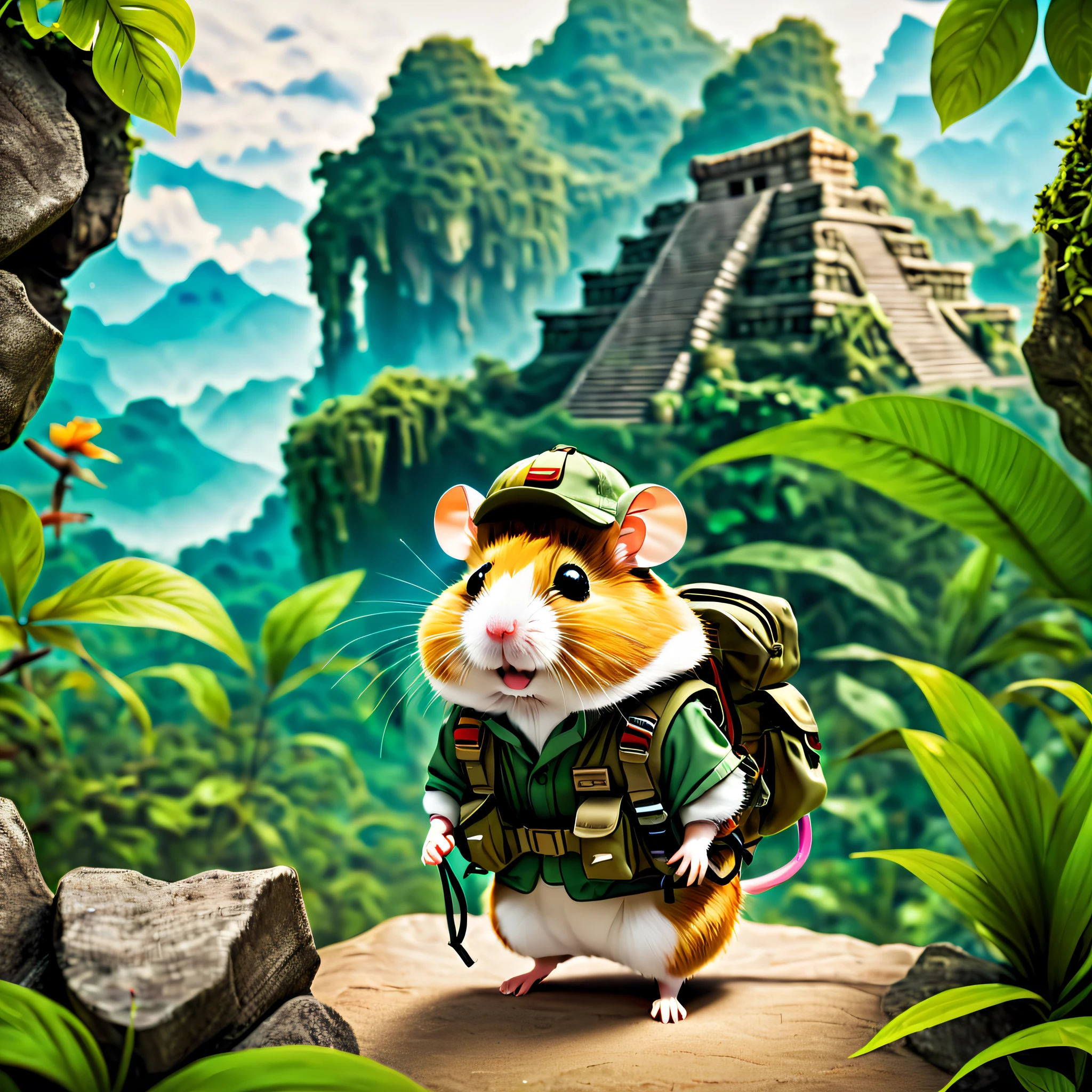 (1 cute hamster adventurer,Hamster Adventurer wears lightweight yet hard-wearing adventure clothing。Camouflage color adventure vest,Ample pockets for storing gadgets and food。Wearing an adventure hat,There is a string tied to the chin of the hat,Hamster adventurer carrying a small backpack,A rope tied to the backpack。A backpack filled with essential adventure tools,like a little compass,Bring a small hiking pole),(((Hamster Adventurer Mountain Climbing,Mayan temple))),(((The background is a primeval jungle))),(电影灯光, first person perspective, angle of view, in a panoramic view, ultra-wide-angle, hyper HD, Anatomically correct, tmasterpiece, Acura, Award-Awarded, Best quality)