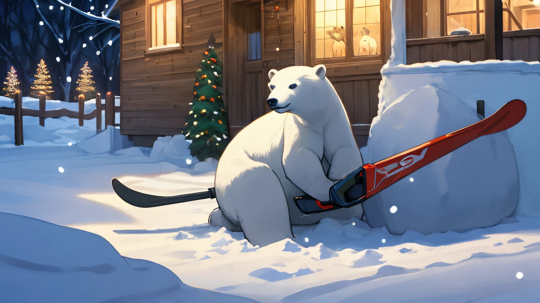 polar bear with ski goggles holding snow shovel with christmas lights all over