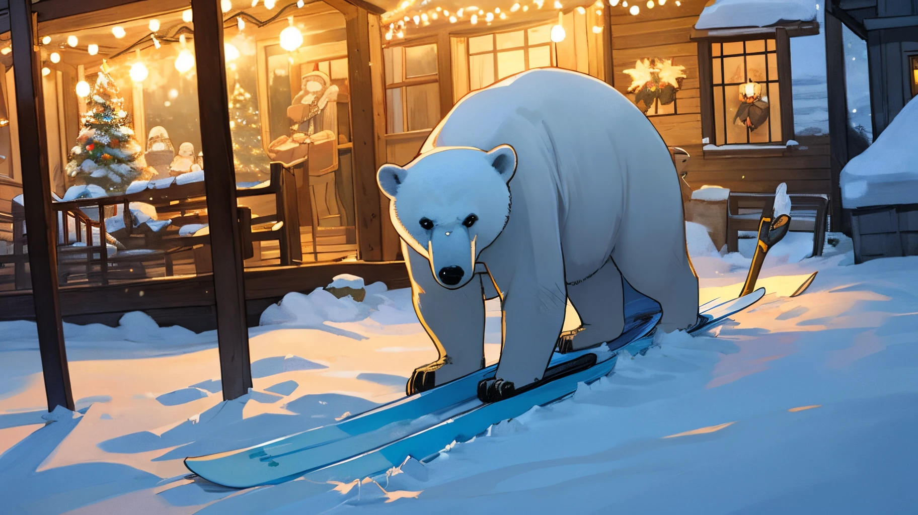 polar bear with ski goggles holding snow shovel with christmas lights all over