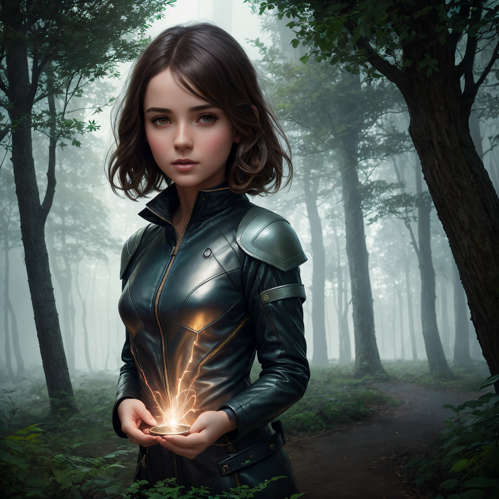 A girl in a leather jacket holds a glowing object, wojtek fus, tom bagshaw weta studio, girl in knight armor, Yuri Shwedoff and Tom Bagshaw, hyperrealistic fantasy art, fantasy character photo, artgerm julie bell beeple, epic fantasy digital art style, epic fantasy art portrait, realistic fantasy artwork