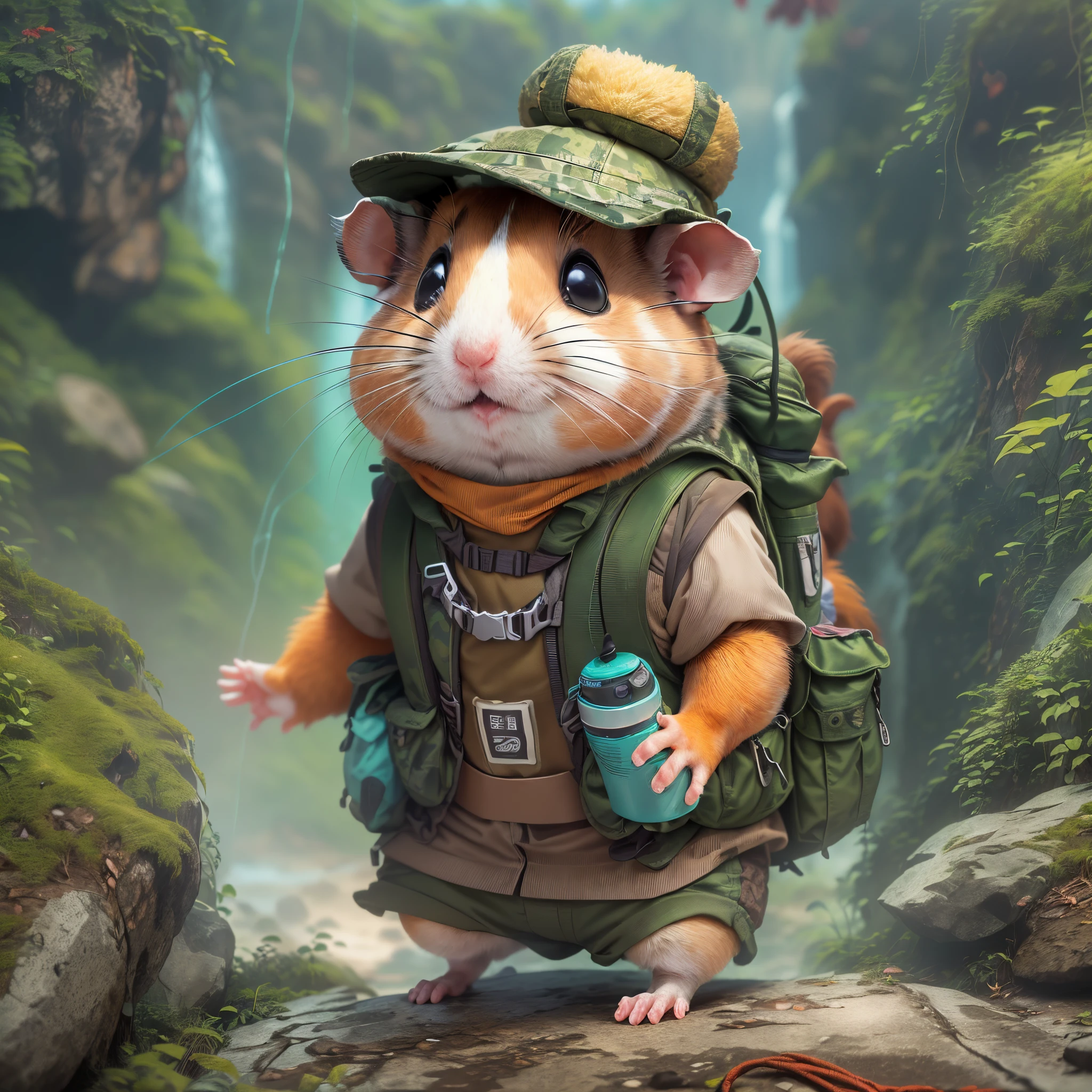 (1 cute hamster adventurer,Hamster adventurer wears a lightweight yet hard-wearing adventure outfit。A camo-colored adventure vest,Plenty of pockets for carrying gadgets and food。Wearing an adventure hat,The hat has a string tied to the chin,Hamster adventurer carries a small backpack,A rope tied to the backpack。A backpack filled with essential adventure tools,like a small compass,Bring a small hiking pole),(((Hamster adventurer climbing a mountain,Mayan temple))),(((The background is a primitive jungle))),(电影灯光, first person perspective, angle of view, in a panoramic view, ultra-wide-angle, hyper HD, Anatomically correct, tmasterpiece, acurate, Award-Awarded, Best quality at best)