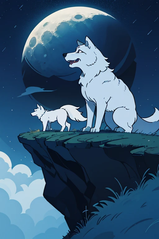 wolf howling howling on the edge of the hill, siluet forest, blue sky, white moon