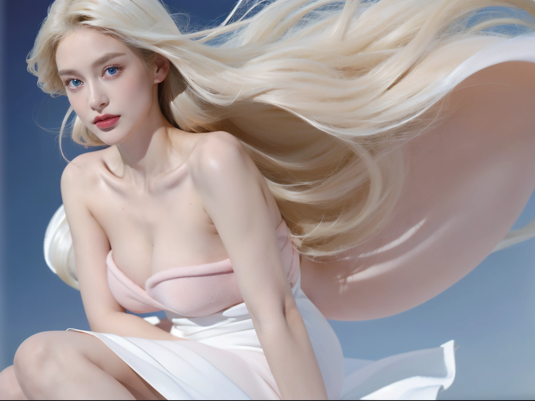 (8K, RAW photogr, Highest quality, tmasterpiece: 1.2), (actual, realisticlying: 1.37), Best quality at best, 超高分辨率, light leaks, 动态照明, Slim and smooth skin, (full bodyesbian:1.3), (soft saturation: 1.6), (White skin of the: 1.2), (Glossy glossy skin: 1.1), oilly skin, age 22, the night, Shiny white blonde, Well-formed, Hair Fluttering in the Wind, Close-up of face only, physically-based renderingt, From multiple angles, Bulgari dress,Pink cheeks,Blue pupil,