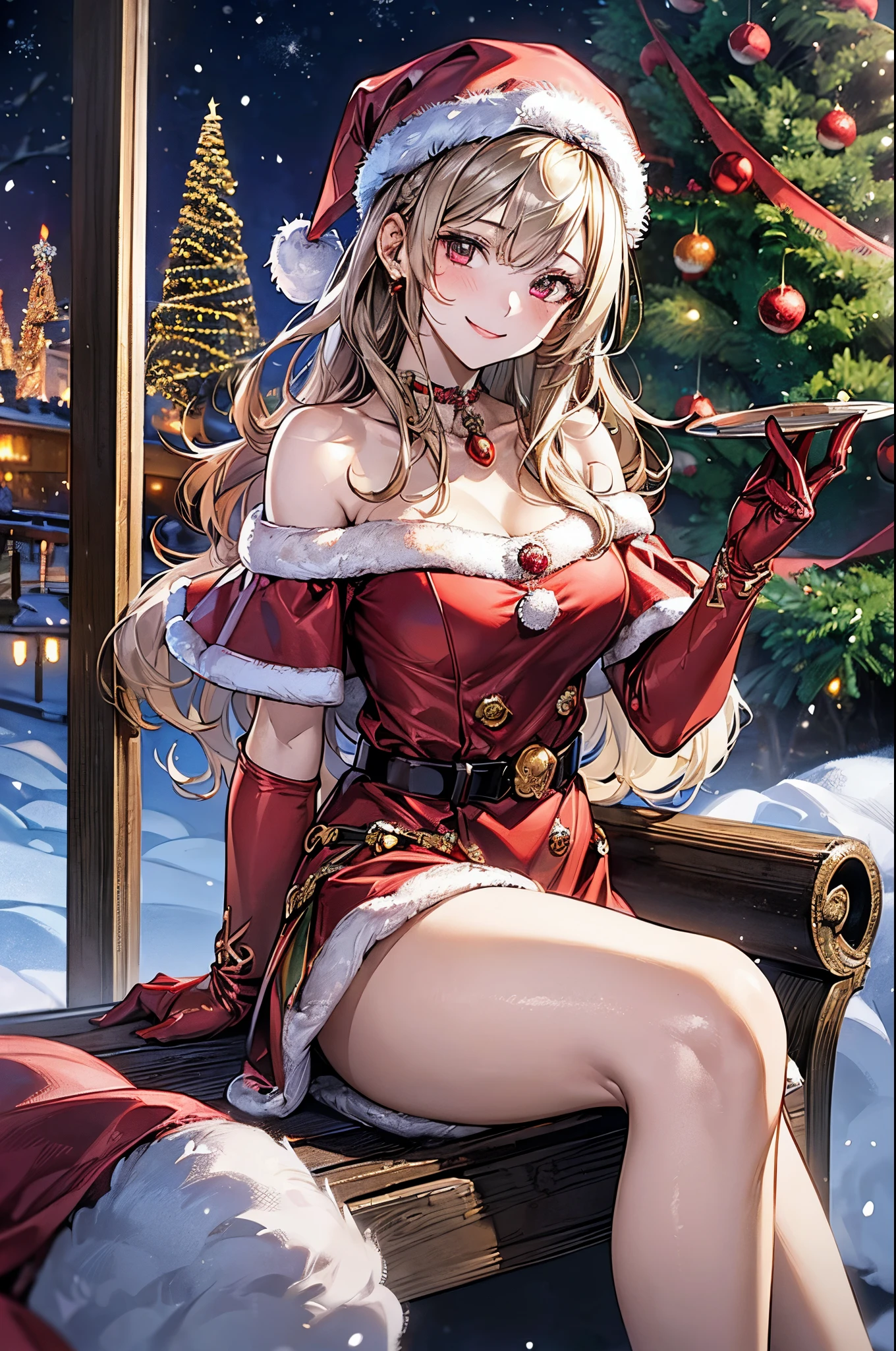 ((((perfect anatomy, super detailed skin)))), 1 girl, japanese, , shiny skin, large breasts:0.5, watching the view,
beautiful hair, beautiful face, beautiful detailed eyes, (middle hair:1.4),
beautiful clavicle, beautiful body, beautiful chest, beautiful thigh, beautiful legs, babyface, monder eye,
((metallic red santa claus hat, metallic red off shoulder santa claus mini dress, white fur cuffs, metallic red fur gloves), christmas necklace), seductive thighs, ,
(smile:1.5), walking, sitting wooden park bench,
(beautiful scenery),winter, midnight, christmas, outdoors, park, (christmas tree), illumination, snow, snowfall:1.5,
(8k, top-quality, masterpiece:1.2, extremely detailed), (photorealistic), beautiful illustration, cinematic lighting,