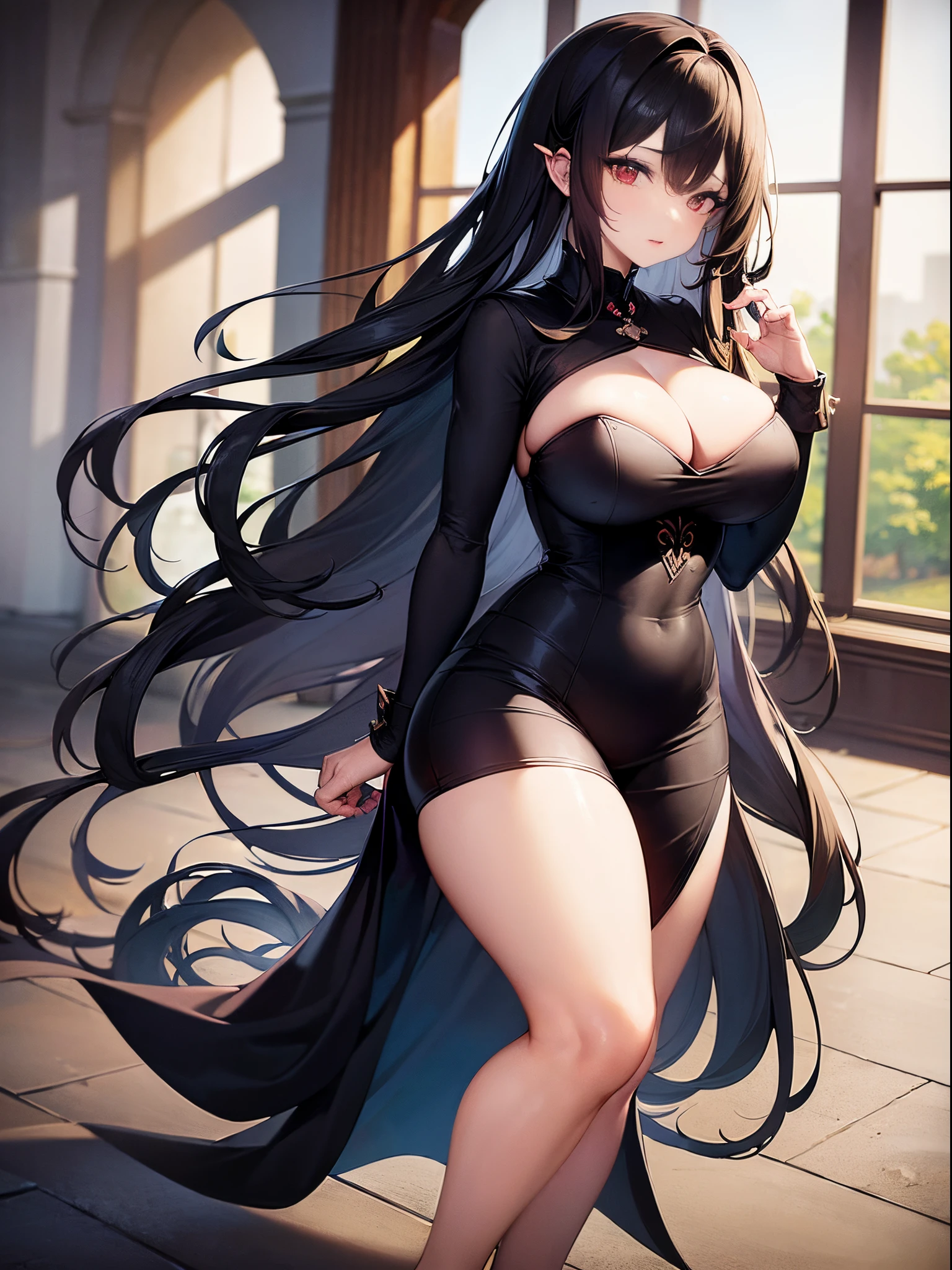 (((Masterpiece: 1:1, top quality, best quality, 8k))), (1 woman: solo)), full body shot, (((anime - style image of a mature woman, goddess of darkness))), ((beautiful alluring anime woman)), ((long black wavy hair)), ((alluring red eye)), succubus in tight dress, curvy anime girl, ((large full breasts, cleavage)), (thighs), background: cursed church with big windows, elegant ornaments