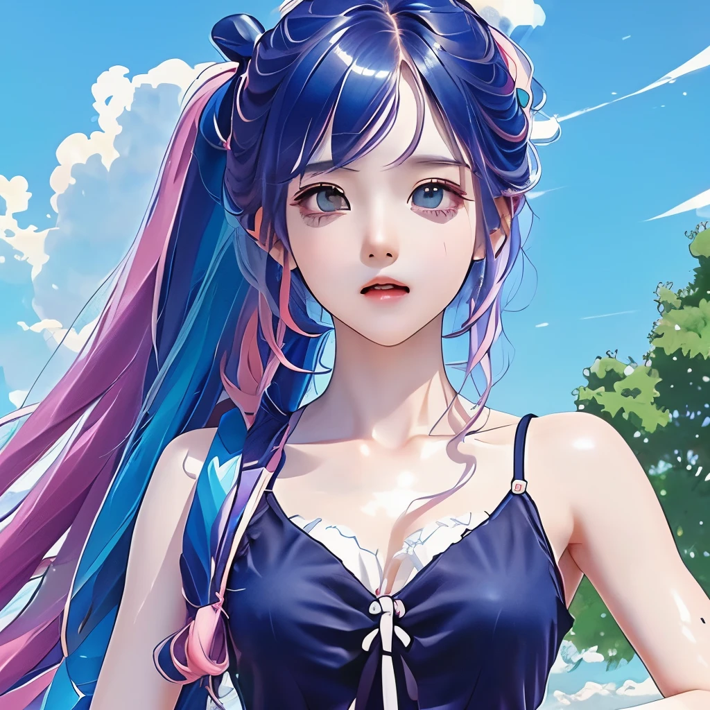 ishizuka, (tmasterpiece, Best quality),perfect body figure, Perfect chest shape,camisole,Double ponytail curls,pink haircut