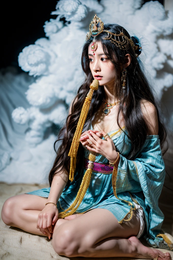 Saraswati, seated under a tree position on a throne of clouds, adorned with a Soi Sangwan around her neck and strum Crocodile musical instrument right hand,left arm,wear crown on head, matted hair cascades down her broad chest, and her two eye, symbolizing the power of destruction and illumination, is slightly open.In her other hand, wear a flower banger, symbolizing the two realms of existence:scriptive and bead . Goddess Uma, her consort.is seated on her left thigh, her arm wrapped around her affectionately. She has long, flowing hair, and her right hand holds a string of prayer beads while her left hand rests on Shiva's chest