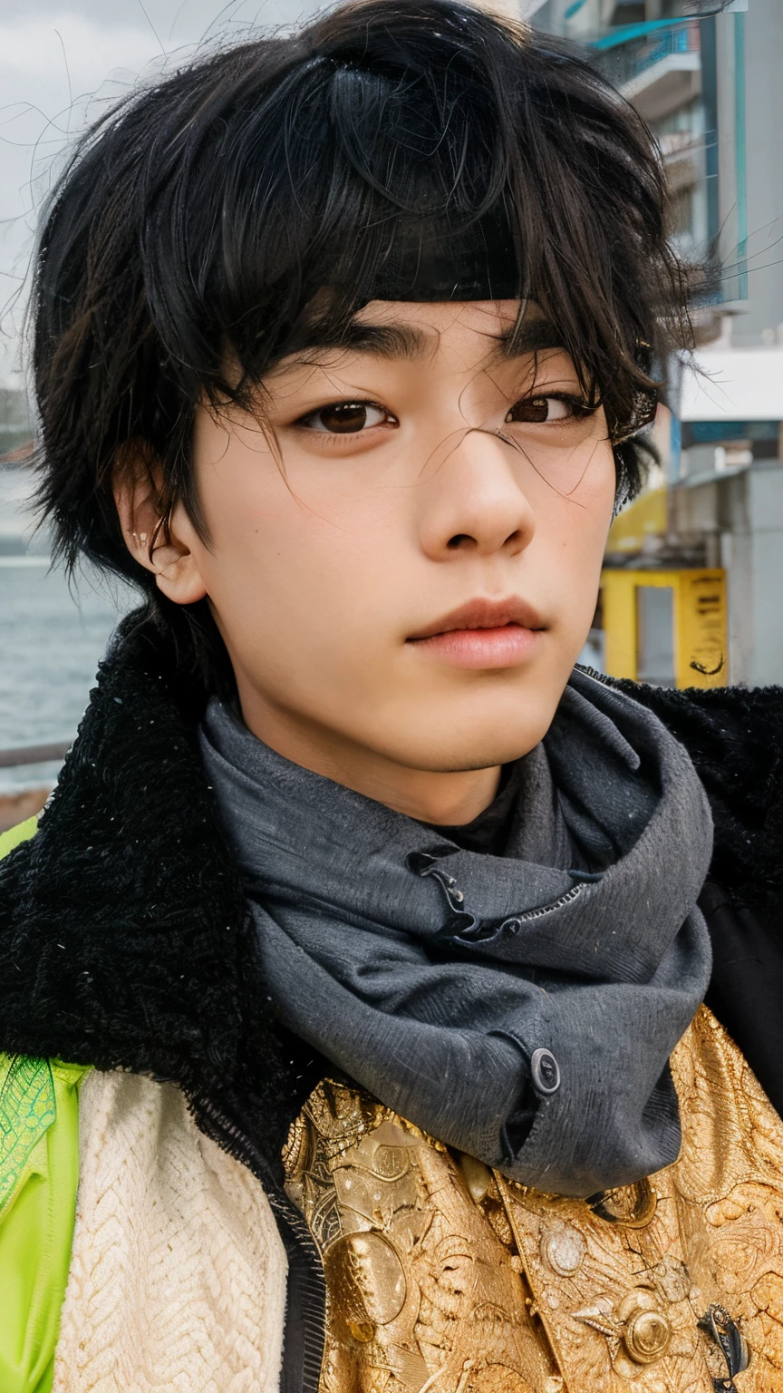 Manhwa Style，A boy with，gold framed，black hair band，Seafront