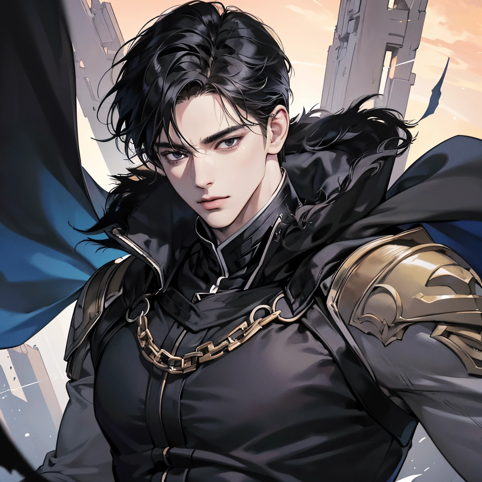 (best quality detailed image beautiful image 8K dramatic lighting) Art Manhwa masterpiece (digital art digital illustration) 29 year old man very handsome black hair ((distant expression black eyes perfect face perfect lines)) black clothes black cape