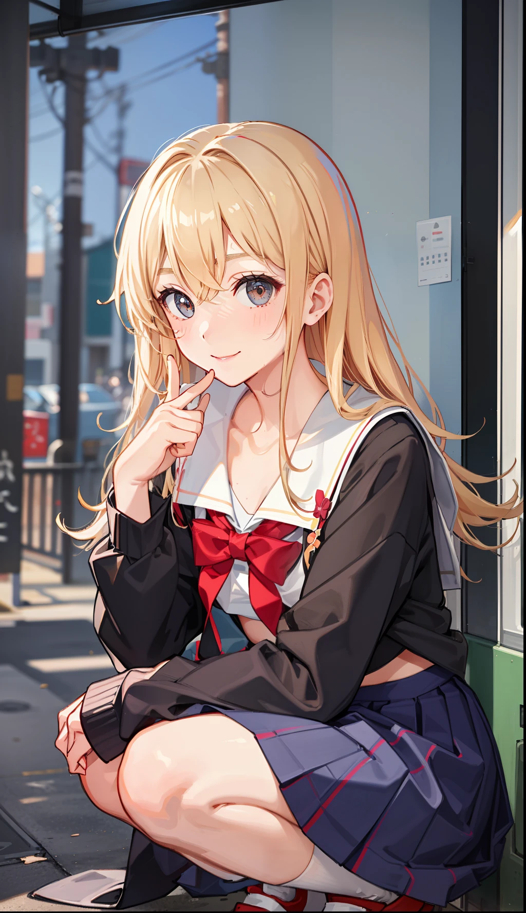 1girl in、A smile、The shirt、skirt by the、（small tits）Chilarism、Japan High School Student Uniform、serafuku、summer clothing、Squall Drenched Uniform、（Sheer Bra）、Upper body portrait、blonde  hair、Squatting panchira、