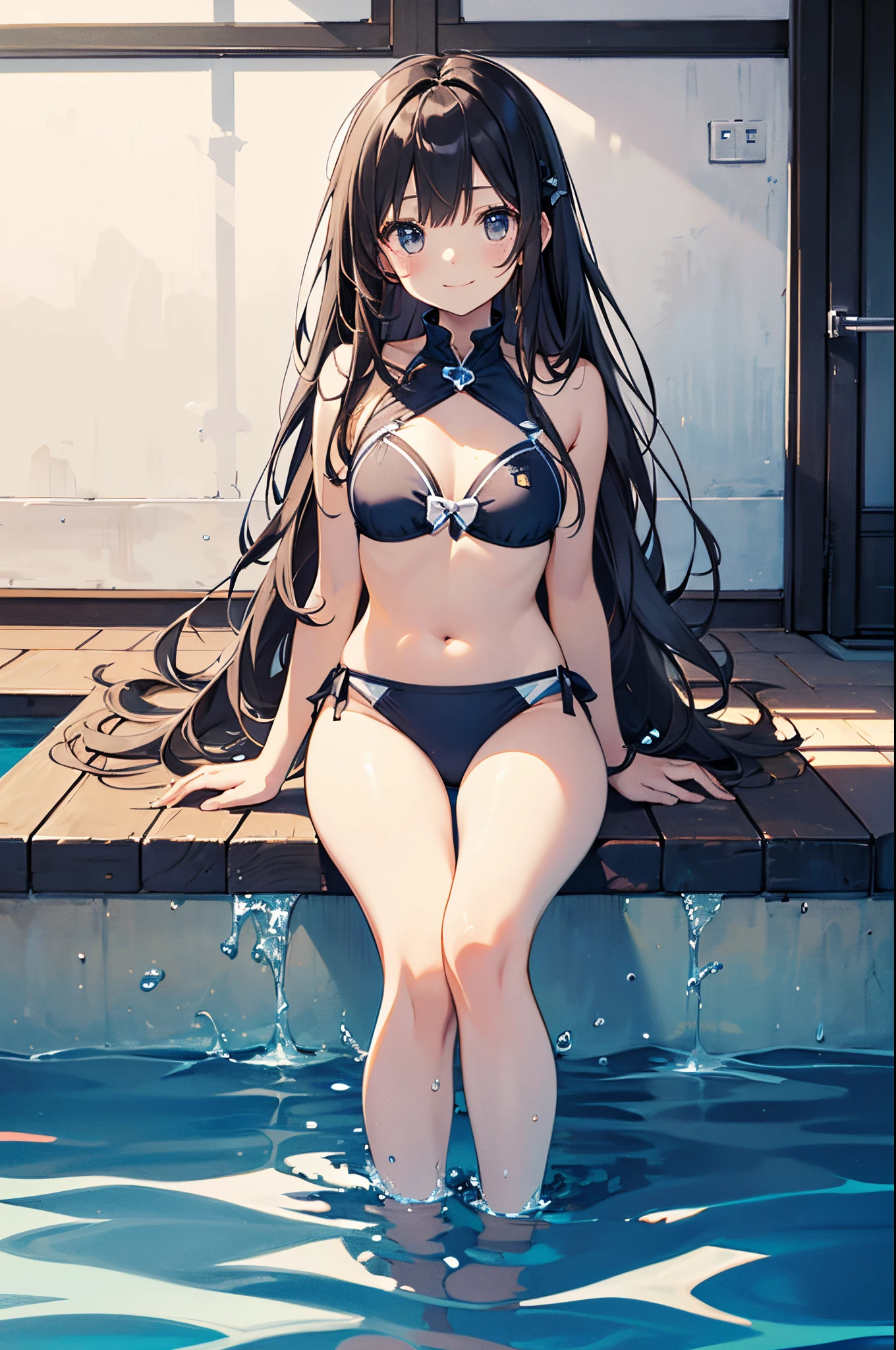 ((2D beautiful girl、top-quality、Perfect Finger 1.3、Perfect Anatomy 1.3、extremely delicate and beautiful illustration))、cute petit girl、(transform sequence)、((swim wears))、12year old、Slender beautiful girl、Fractal Art、baby-face、((stright long hair))、big drooping eyes、A smile that showed teeth、Full Body Display、(two individuals)、school poolside、