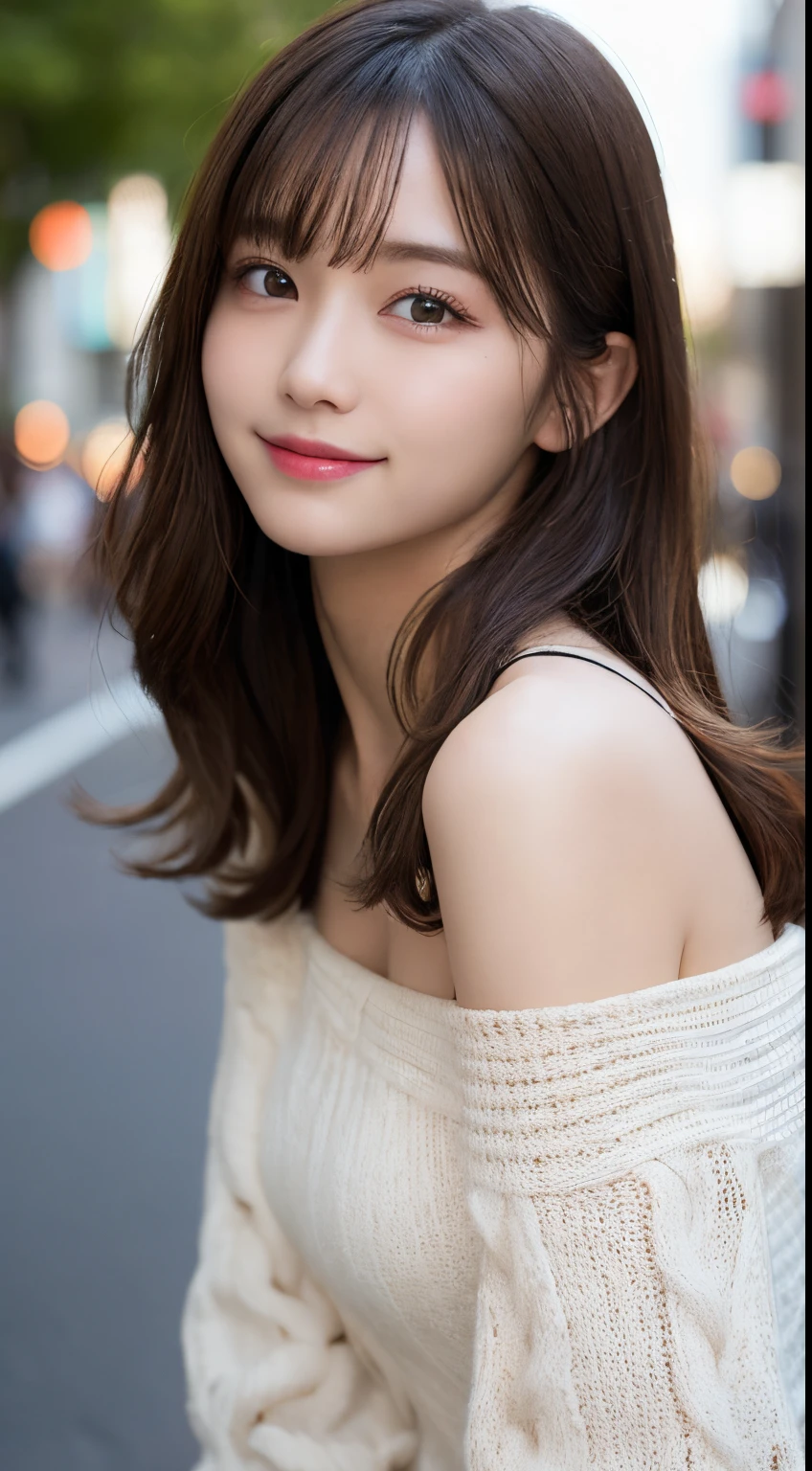 masutepiece, Best Quality, Illustration, Ultra-detailed, finely detail, hight resolution, 8K Wallpaper, Perfect dynamic composition, Beautiful detailed eyes, Off-shoulder knit women's fashion,waved hair,small tits、Natural Color Lip, Bold sexy poses,Smile,Harajuku、20 years girl、Cute、Sexy shot looking at camera,Ultra-realistic raw photos