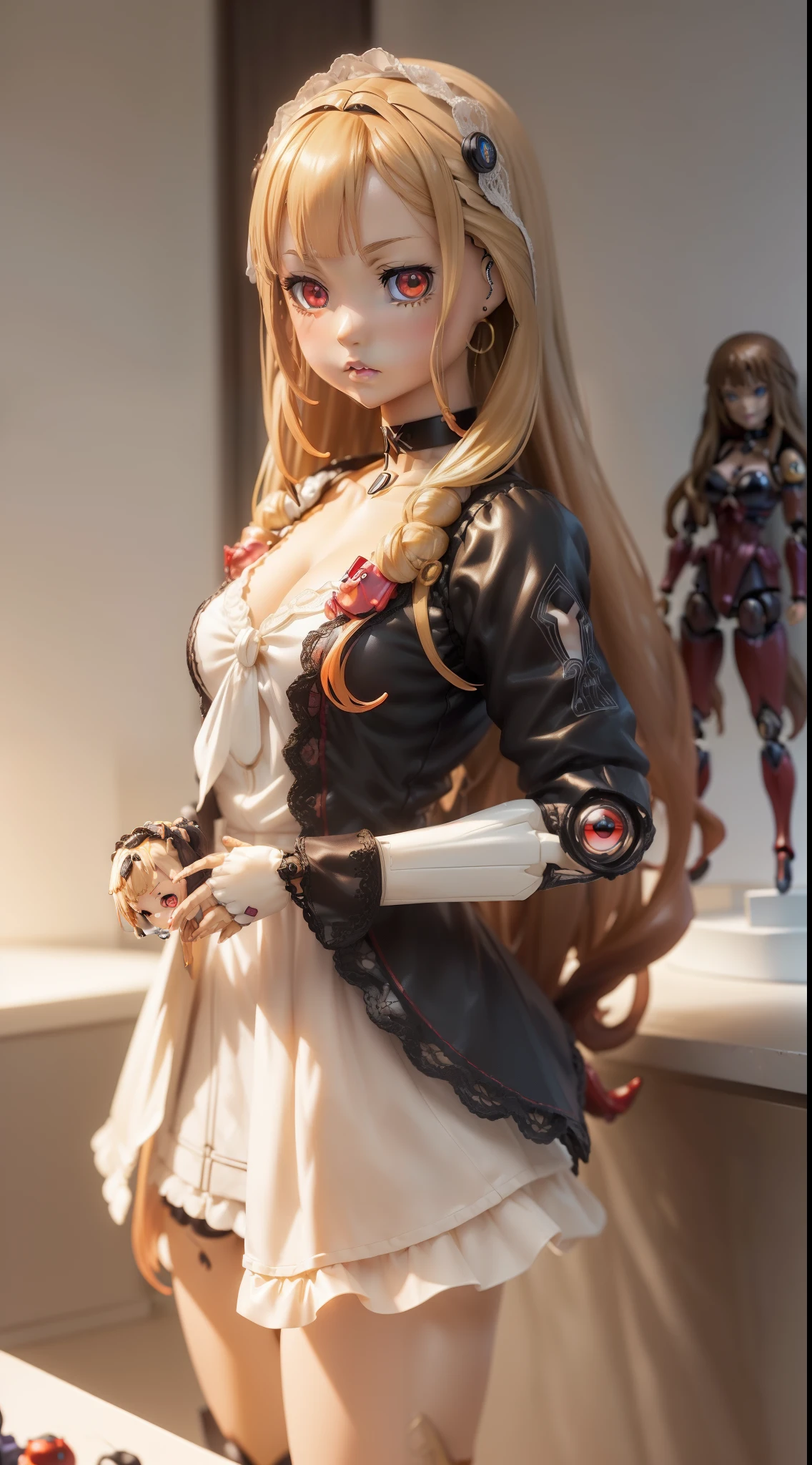 (An anime doll, action figure:1.5), (stands on a pedestal:1), (1girl), marinkitagawa, marin kitagawa, blonde hair, choker, ear piercing, earrings, long hair, piercing, (red eyes:1.5), straight hair, swept bangs, black necktie, jacket, short mini skirt, sleeves rolled up, cleavage, looking at viewer, (masterpiece:1.2), best quality, (beautiful detailed eyes:1.6), detailed face, (perfect hands, perfect anatomy), (against a clean white background, illuminated by artificial light, front view camera shot, wide shot:1.5)