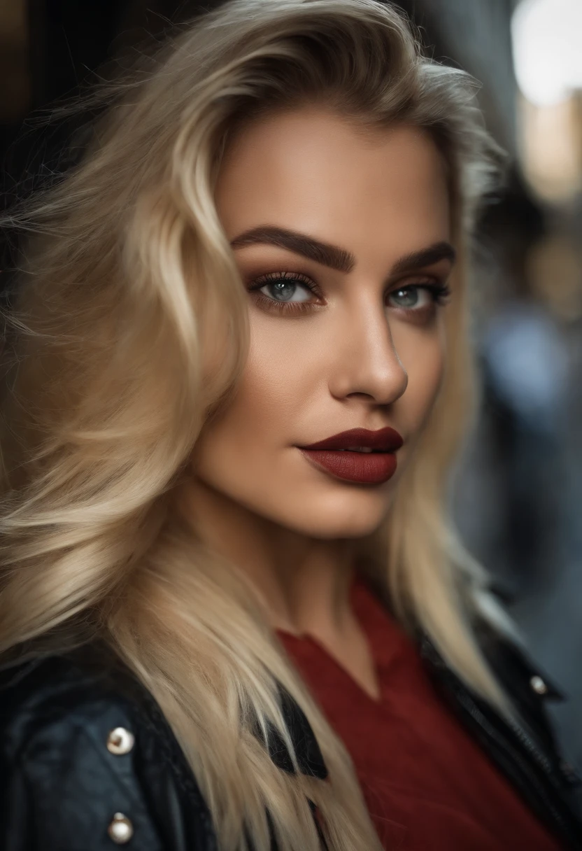 mulher totalmente , com olhos azuis, ultra realistic, meticulosamente detalhado, blonde hair, selfie de uma jovem mulher, Londres , maquiagem natural, leather jacket , Looking directly at the camera, Rosto com ArtGram, Deslumbrante corpo inteiro .Standing plus size bust; Quarto Luxo, Peitos grandes