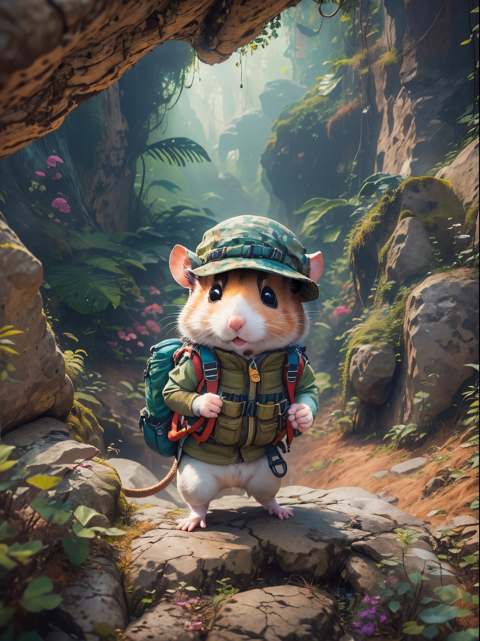 (1 cute hamster adventurer，Hamster adventurer wears a lightweight yet hard-wearing adventure outfit。A camo-colored adventure vest，Plenty of pockets for carrying gadgets and food。Wearing an adventure hat，The hat has a string tied to the chin，Hamster adventurer carries a small backpack，A rope tied to the backpack。A backpack filled with essential adventure tools，like a small compass，Bring a small hiking pole)，(((Hamster adventurer climbing a mountain，Mayan temple))）、，(((The background is a primitive jungle)))，(电影灯光, first person perspective, angle of view, in a panoramic view, ultra-wide-angle, hyper HD, Anatomically correct, tmasterpiece, acurate, Award-Awarded, Best quality at best)