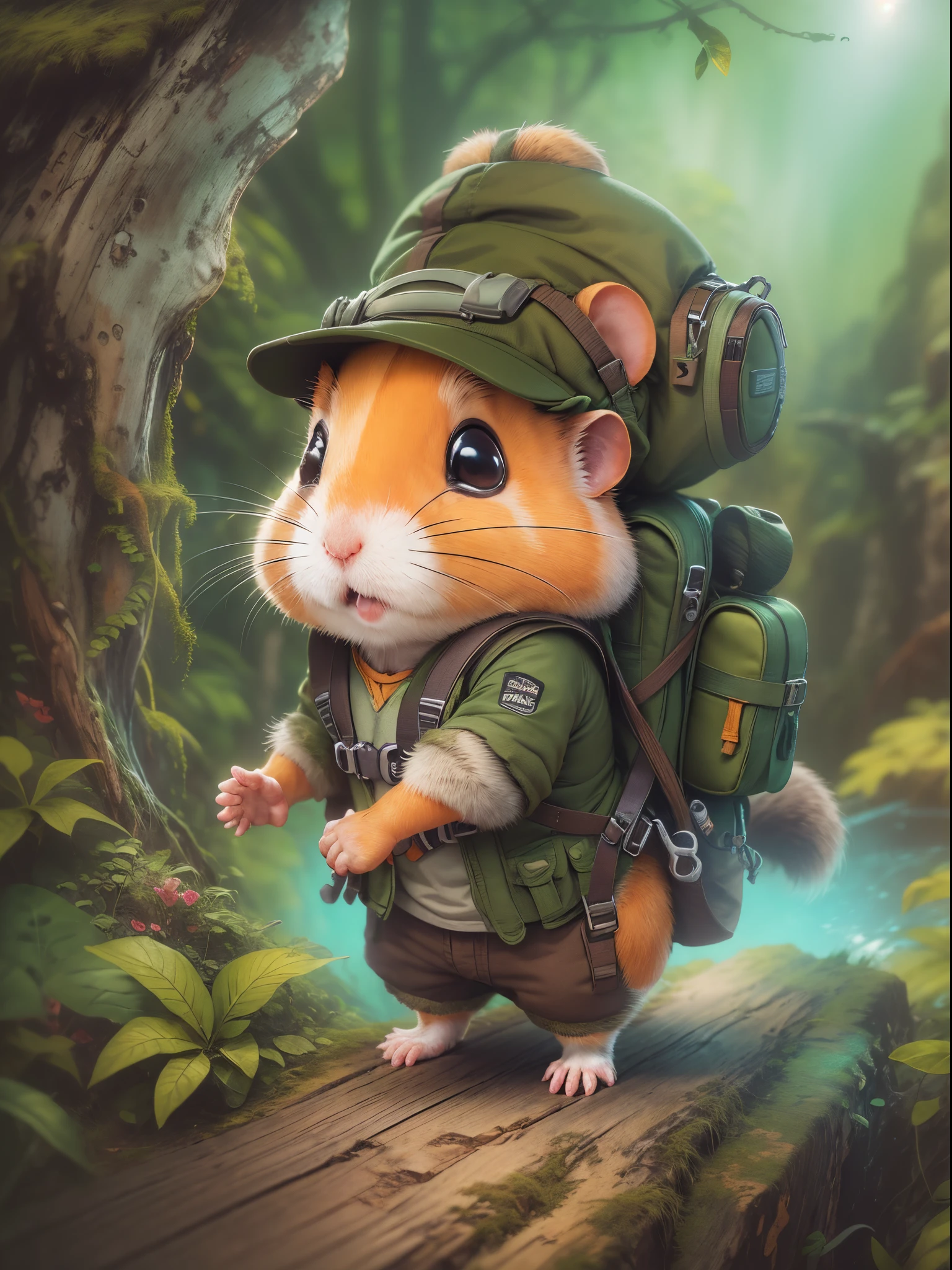 (1 cute hamster adventurer，Hamster adventurer wears a lightweight yet hard-wearing adventure outfit。A camo-colored adventure vest，Plenty of pockets for carrying gadgets and food。Wearing an adventure hat，The hat has a string tied to the chin，Hamster adventurer carries a small backpack，A rope tied to the backpack。A backpack filled with essential adventure tools，like a small compass，Bring a small hiking pole)，(((Hamster adventurer climbing a mountain，Mayan temple))）、，(((The background is a primitive jungle)))，(电影灯光, first person perspective, angle of view, in a panoramic view, ultra-wide-angle, hyper HD, Anatomically correct, tmasterpiece, acurate, Award-Awarded, Best quality at best)