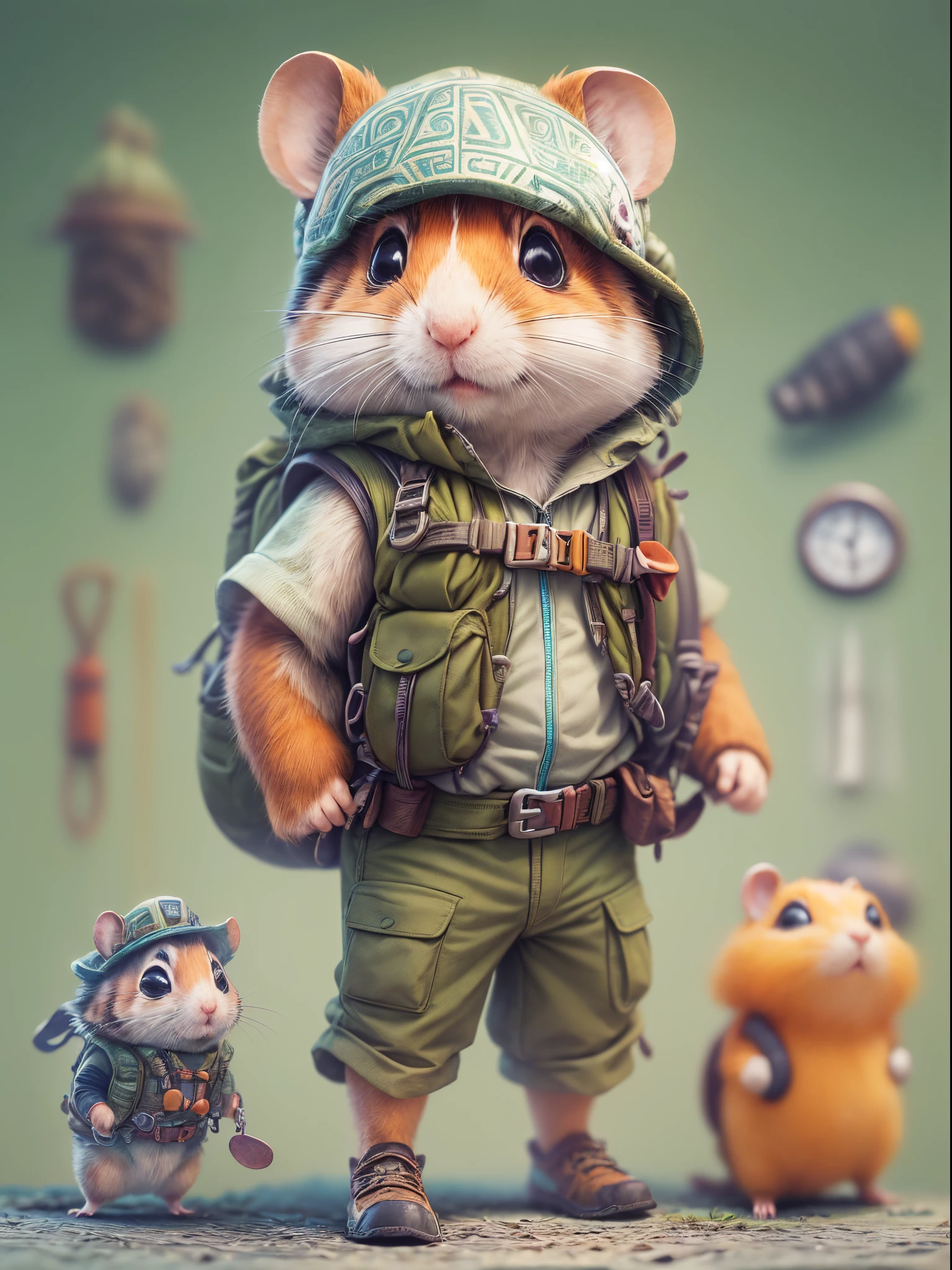 (Best quality at best, 8K, A high resolution, tmasterpiece:1.2), ultra - detailed, (actual, realistically, realistically:1.37), vibrant with colors, magical ambiance, Whimsical, ((1 cute hamster adventurer，Wear lightweight, durable adventure gear，Camouflage Colorful Adventure Vest，Wearing an adventure hat，Bring a small hiking pole, Explore a Mayan temple in the pristine jungle))