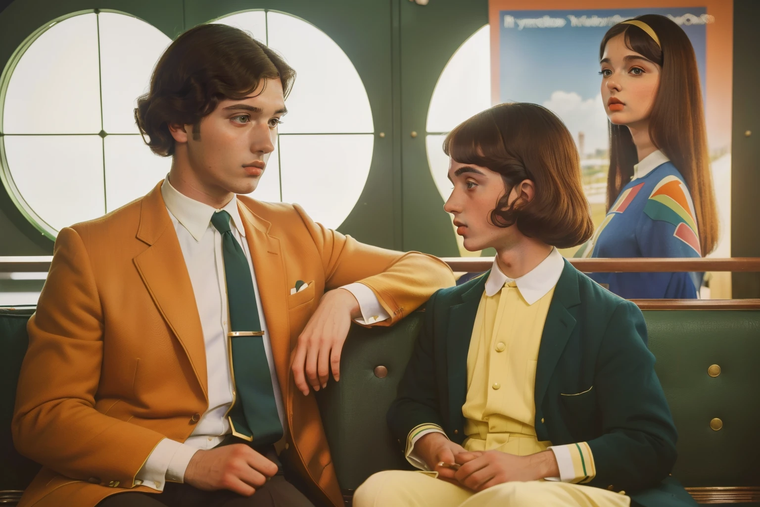 1965, Italy. Pre-raphaelite ((((20-year-old)) young rascal man)), celebrity, famous actor, in an airport, talking with a ((young 10-year-old girl)), ((((Clothing from the 1960s)))), ((Hairstyle of the 1960s)), ((Wes Anderson cinematic style)), colorful