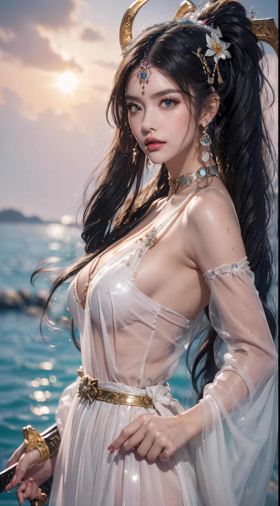 (masterpiece),(best quality:1),(ultra highres:1),wallpaper,detailed illustration,detailed beautiful skin,dewy skin,sweaty skin,perfect ligthing,(front focus),(very_long_legs:0.8),(torn pantyhose:1),(idolmaster shiny colors,Cowboy Shot,topless,straight black hair,absurdly long hair:1.5),((1girl, weapon, long hair, sword, looking at viewer, dress, solo, twintails, water, holding, bow, breasts, white dress, katana, outdoors, very long hair, holding sword, holding weapon, detached sleeves, hairband, from side, silver hair, hair bow, lips, black bow, sheath, bare shoulders, rock, closed mouth, grey eyes, standing, å å°„, sheathed, nose, ripples, white hair, pink nails, realistic, choker, blue eyes, lake, medium breasts, upper body, see-through, jewelry, fingernails, ribbon, makeup, wading, small breasts, black hairband, earrings, bangs, looking to the side, nail polish, red lips, hair ribbon, eyelashes, solo focus, pond, see-through sleeves, lens flare, sunlight, sleeveless dress, black ribbon, expressionless, skirt, sleeveless, glint, grey hair, long sleeves, pink lips, lipstick, halterneck, sky, shadow, blush, ponytail, black choker, partially submerged, sun, night, parted lips, ocean, blurry, day, artist name, sash, parted bangs, shiny, pale skin, arm at side, grass, scabbard, hair ornament, shiny skin, mascara, wet, sideboob, pillarboxed))