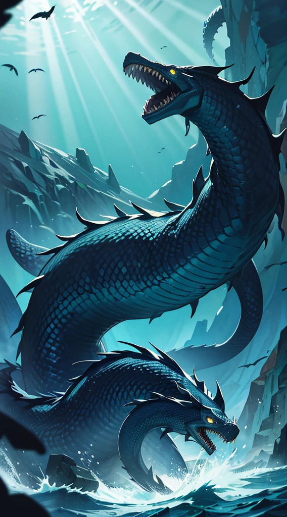 8k, masterpiece, detailed image, expressive background, monster, underwater, dark place, poor visibility, giant snake sea creature silhouette swimming, giant leaviathan, giant snake, giant sea serpent creature, deep sea, sea serpent, mythical monster, snake