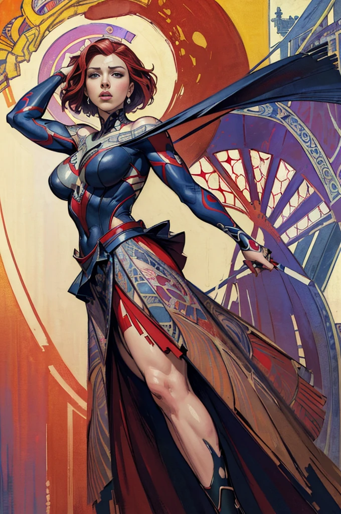 scarlet johansson、Sticking out the navel、newyork、She wears a torn Spider-Man suit,wearing skirt、abstract photorealistic、artistic、Alphonse Mucha's painting(masterpiece、top-quality、hight resolution:1.4)、detaileds、intricate-detail、4K、color splashes、line-drawing、Fibonacci、