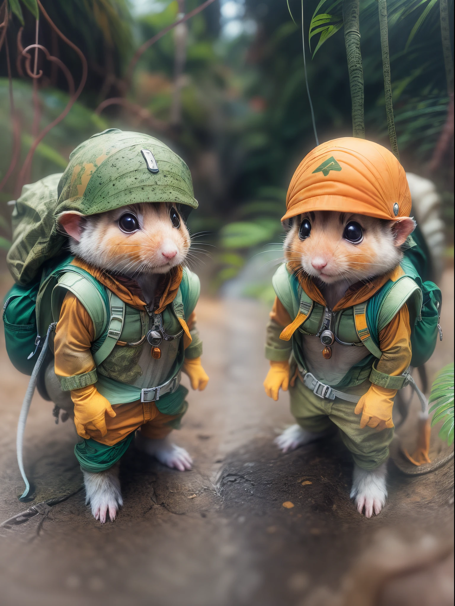 (1 cute hamster adventurer),(garments:Hamster adventurer wears a lightweight yet hard-wearing adventure outfit。This outfit can include a camo-colored adventure vest,Plenty of pockets for carrying gadgets and food。It can also wear an adventure hat,The hat has a string tied to the chin,To prevent being blown away by the wind while traveling)。(equip:Hamster adventurer carries a small backpack,A rope tied to the backpack,Easy to carry。A backpack filled with essential adventure tools,like a small compass、folding telescope、Multifunctional knife, etc.。It may also carry a small trekking pole,to help travel in rough terrain),(((mountaineering)))、(((Pristine jungle:1.5)))、(((adventuring、mod、Thrilling、treasures、adventurer、islands、originality、imagination)))