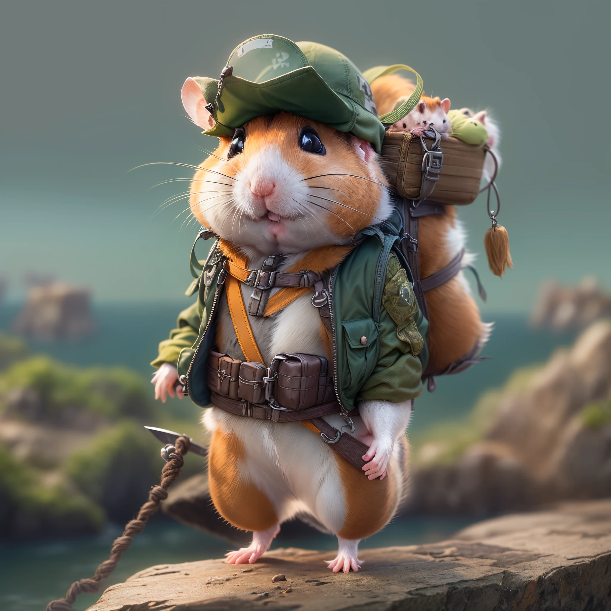 (((1 cute hamster adventurer))),(garments:Hamster adventurer wears a lightweight yet hard-wearing adventure outfit。This outfit can include a camo-colored adventure vest,Plenty of pockets for carrying gadgets and food。It can also wear an adventure hat,The hat has a string tied to the chin,To prevent being blown away by the wind while traveling)。(equip:Hamster adventurer carries a small backpack,A rope tied to the backpack,Easy to carry。A backpack filled with essential adventure tools,like a small compass、folding telescope、Multifunctional knife, etc.。It may also carry a small trekking pole,to help travel in rough terrain),(Sail ships: 1.5)、(Caribbean:1.5)、(((adventuring、mod、Thrilling、treasures、adventurer、islands、originality、imagination)))