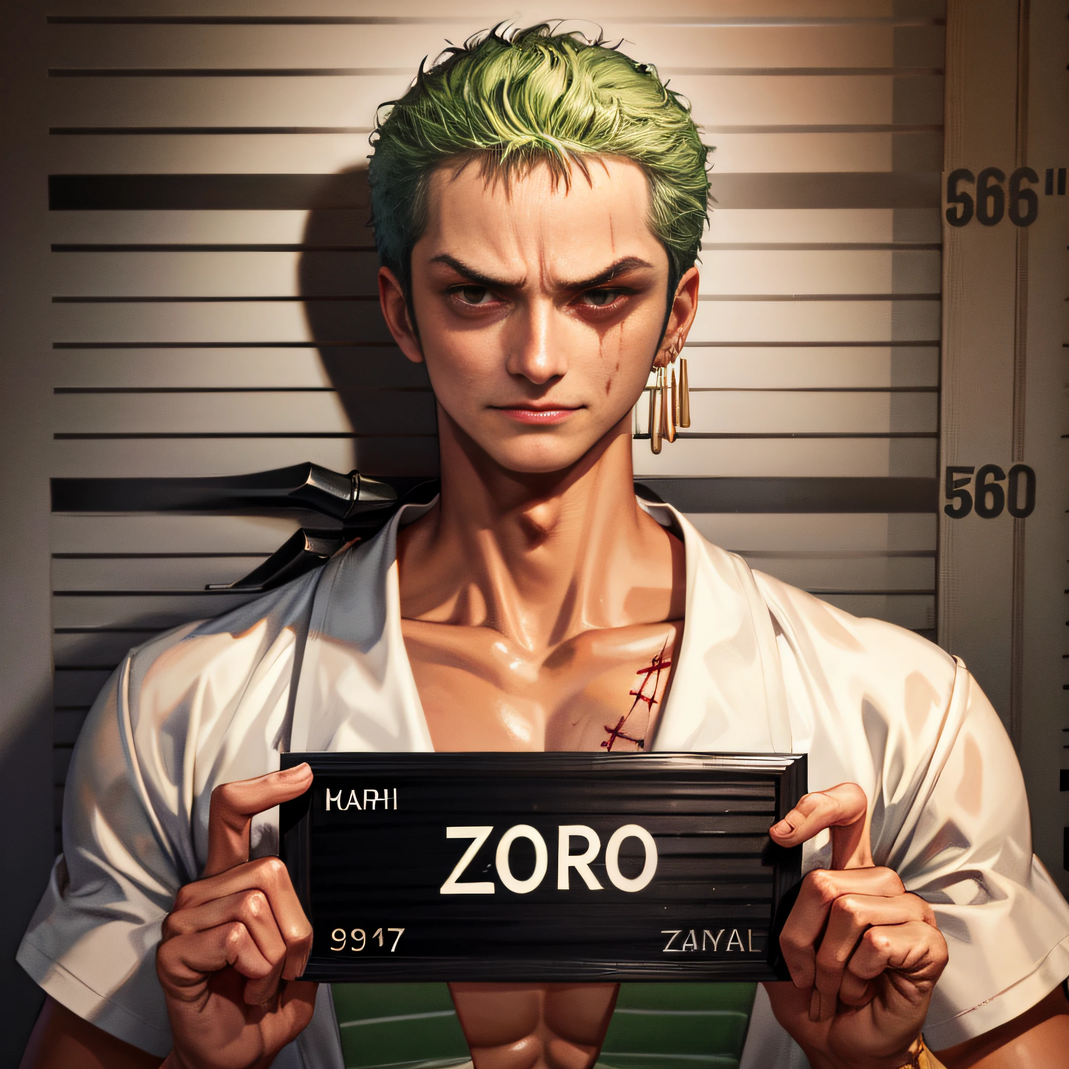 corpse, sinister, male, looking at the camera, ultra realistic, fully detailed, cemetery environment, bright eyes, white dress torn and stained with blood, bones exposed, putrid wounds, sensual, terrifying, bruised by the body, exposed fracture in the collarbone, slight smile, super detailed, white eyes,gun shots in the body, Zoro, Roronoa Zoro, Clear eyes,