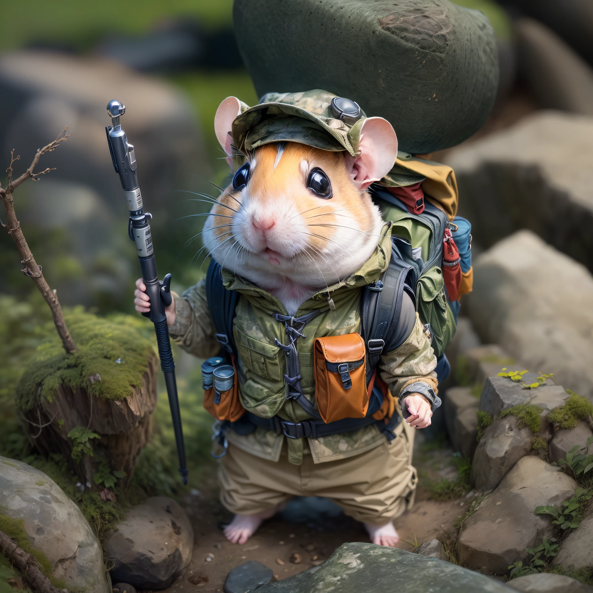 (((1 cute hamster adventurer)))，(garments：Hamster adventurer wears a lightweight yet hard-wearing adventure outfit。This outfit can include a camo-colored adventure vest，Plenty of pockets for carrying gadgets and food。It can also wear an adventure hat，The hat has a string tied to the chin，To prevent being blown away by the wind while traveling)。(equip：Hamster adventurer carries a small backpack，A rope tied to the backpack，Easy to carry。A backpack filled with essential adventure tools，like a small compass、folding telescope、Multifunctional knife, etc.。It may also carry a small trekking pole，to help travel in rough terrain)，(Sail ships: 1.5）、（Caribbean:1.5）、(((adventuring、mod、Thrilling、treasures、adventurer、islands、originality、imagination)))