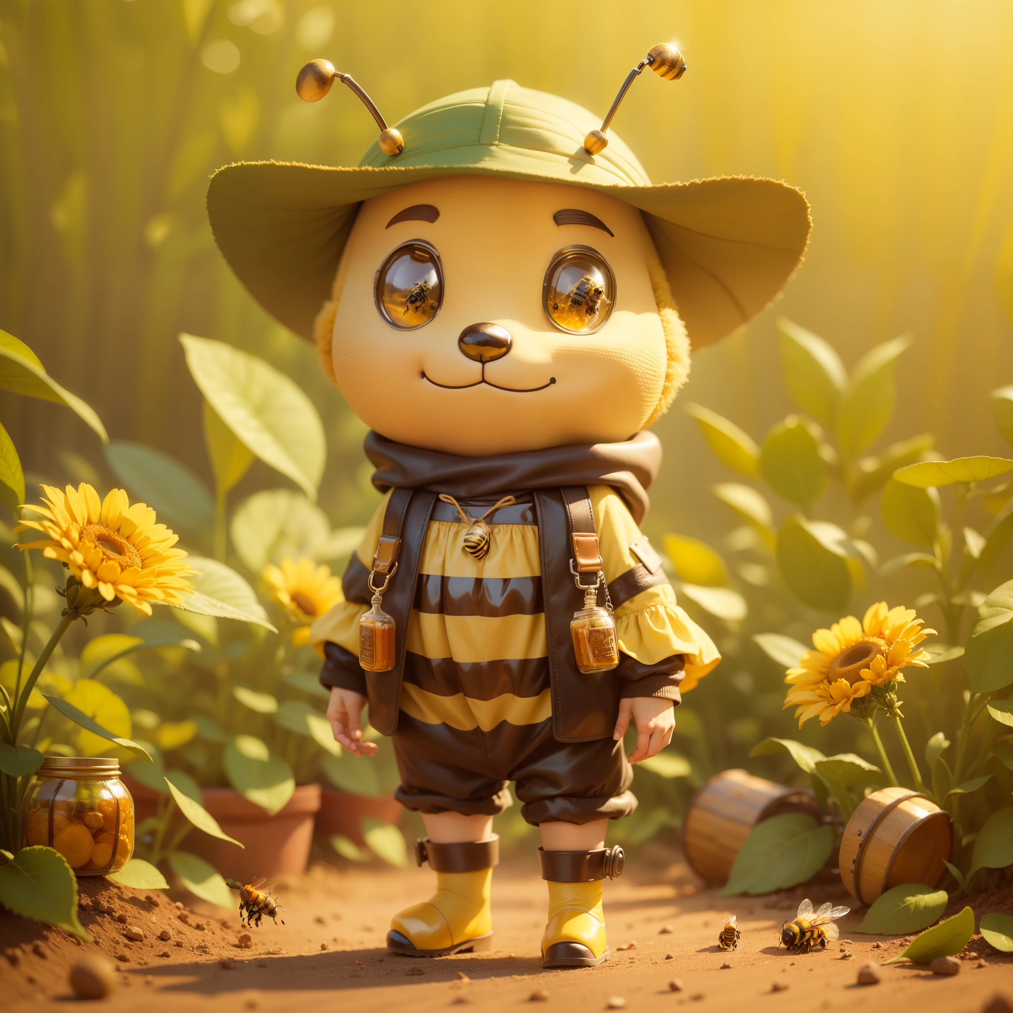 The little bee also has a jar of honey in her hands, bee smiling, keep all the original features of the image and include honey pots on the ground next to the bee