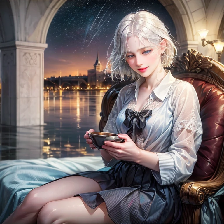 (8k, RAW photo, best quality, masterpiece: 1.2), (realistic, photo-realistic: 1.37), ultra-detailed, 1 girl, 1 baby boy cute, beautiful detailed sky, detailed coffee, night, sitting, (flushed nose), (smile: 1.1), (mouth closed), medium breasts, beautiful detailed eyes, (collared shirt: 1.1), pleated skirt, (short hair: 1.2), long hair, blue eyes, red hair, white hair, kingdom, fantasi