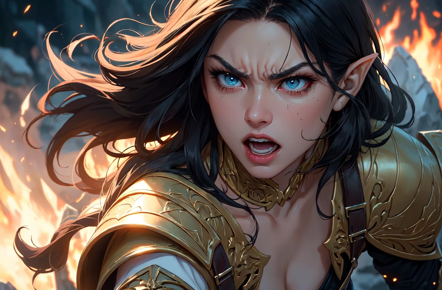 ((masterpiece)),(best quality), ((mature)) beautiful 1woman elf ranger, solo,((cinematic)), dynamic:1.2, intricate ((closed realistic)) armor, particles:1.2, (pastel:1.2), (black hair), (intricate cinematic background:1.2), (depth of field), (emotional face), fantasy, thriller, (Action movie), amazing, Powerful, Mysterious, ((dramatic scene from movie)), (battle scream, angry, evil)
