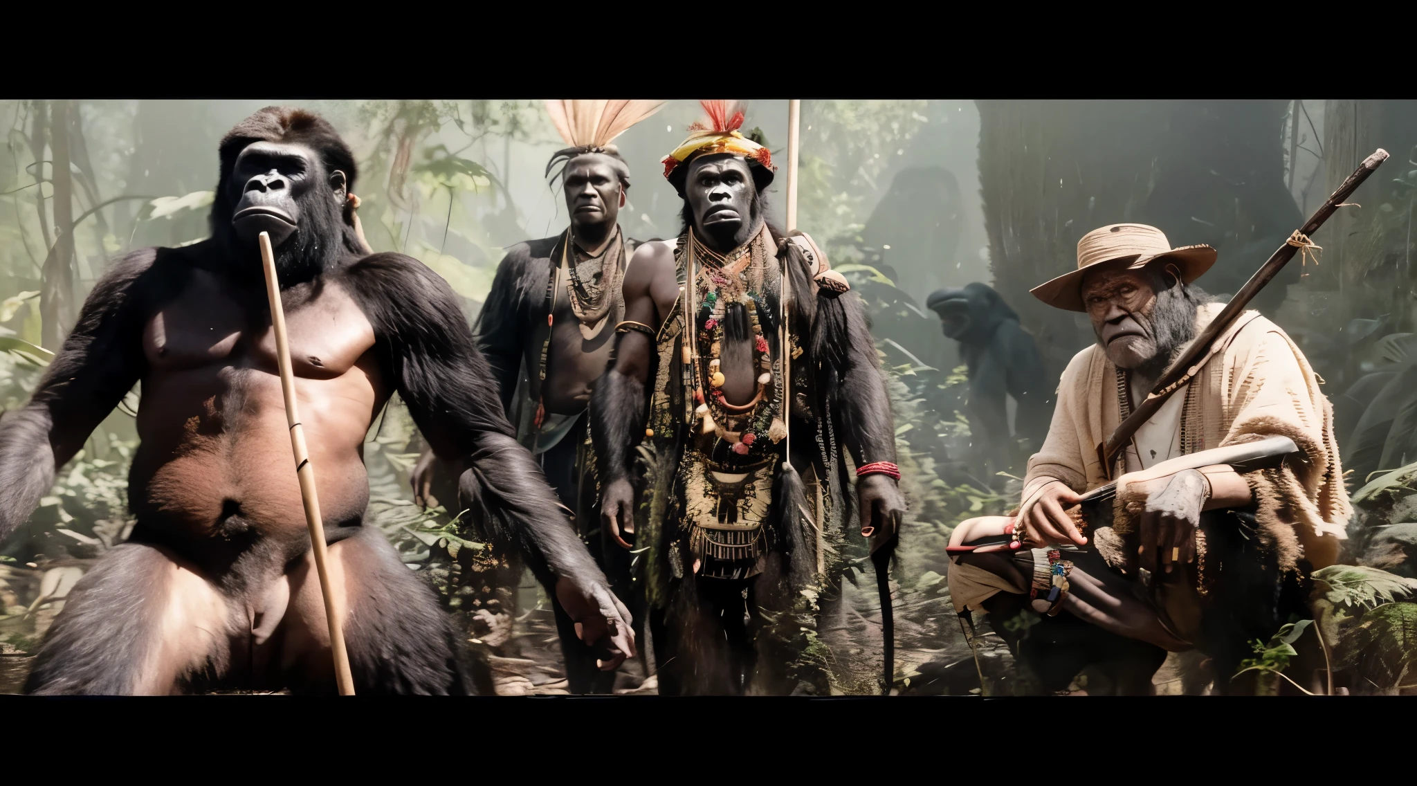 three men in native clothing are standing next to a gorilla, in style of primal apes, ancient tribe, historical documentary, from kong skull island (2017), 4 k'', [ cinematic, indigenous, highly detailed in 4 k ”, highly detailed in 4k”, the dawn of man, a george miller film, 4k -, 4k-, realistic image, 16k resolution