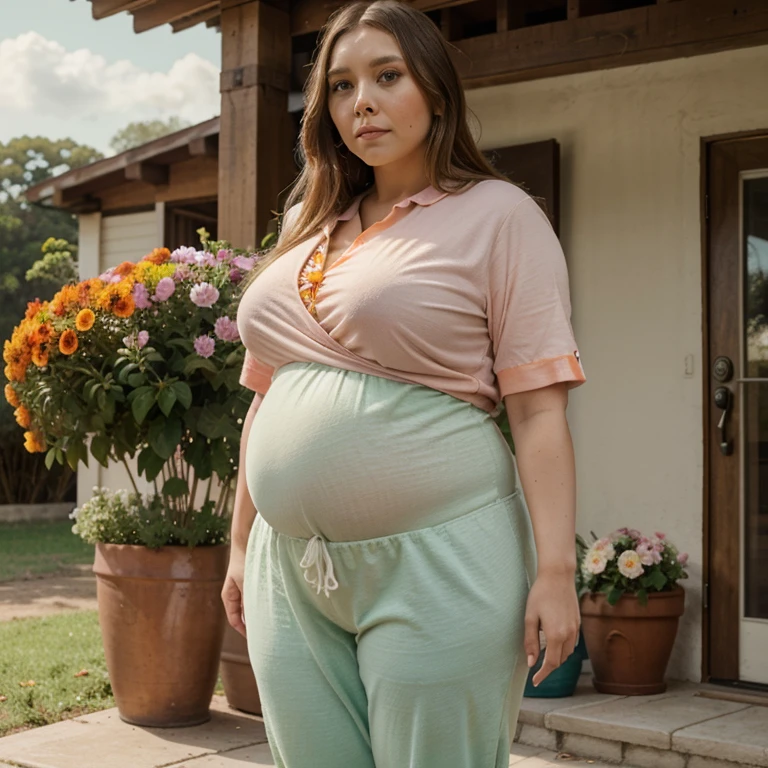 Elizabeth Olsen estilo chubby bbw,obesa,barriga grande de obesa,cintura larga,Elizabeth olsen bem gorda,rosto redondo, shirt with flowers and orange pants,standing on the porch of a farm, bem realista,ultra hd,pregnant style belly