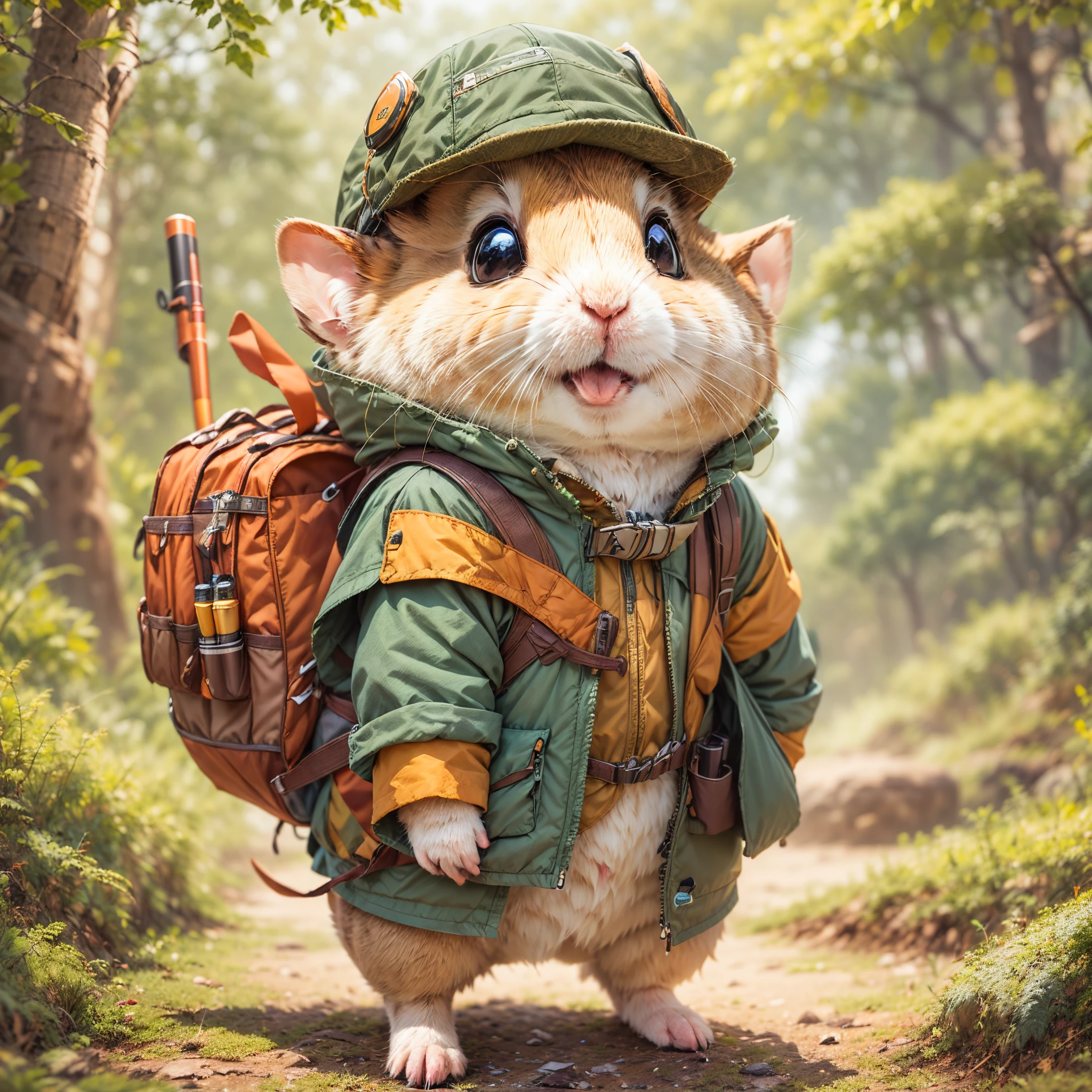 1 cute hamster adventurer、(garments：Hamster adventurer wears a lightweight yet hard-wearing adventure outfit。This outfit can include a camo-colored adventure vest，Plenty of pockets for carrying gadgets and food。It can also wear an adventure hat，The hat has a string tied to the chin，To prevent being blown away by the wind while traveling)。(equip：Hamster adventurer carries a small backpack，A rope tied to the backpack，Easy to carry。A backpack filled with essential adventure tools，like a small compass、folding telescope、Multifunctional knife, etc.。It may also carry a small trekking pole，to help travel in rough terrain)，Dutchman、Caribbean、Sail ships、adventuring、mod、Thrilling、treasures、adventurer、islands、originality、imagination，Dressed animals page