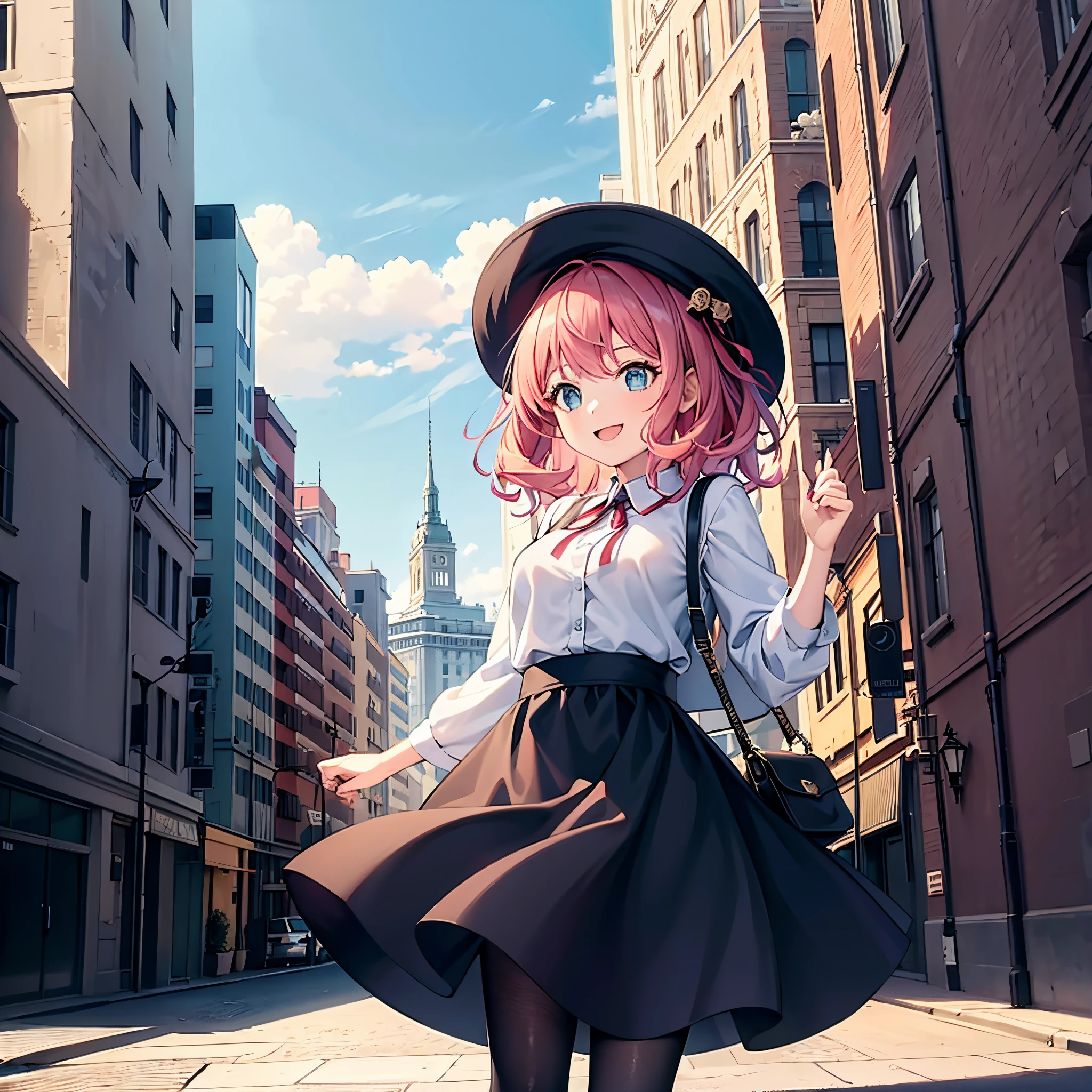 1 girl, solo, Anya_Forger, young woman, 20yo, medium breasts, short girl, short over the shoulders hair, wavy hair, pink hair, sidebangs, cute hairpin, long azure skirt, black pantyhose, elegant black blouse, cute red hat, shoulder look, smiling, hand_combing_hair, oversaturation, dreamlikeart, sunny day, city in background, sunshine reflecton