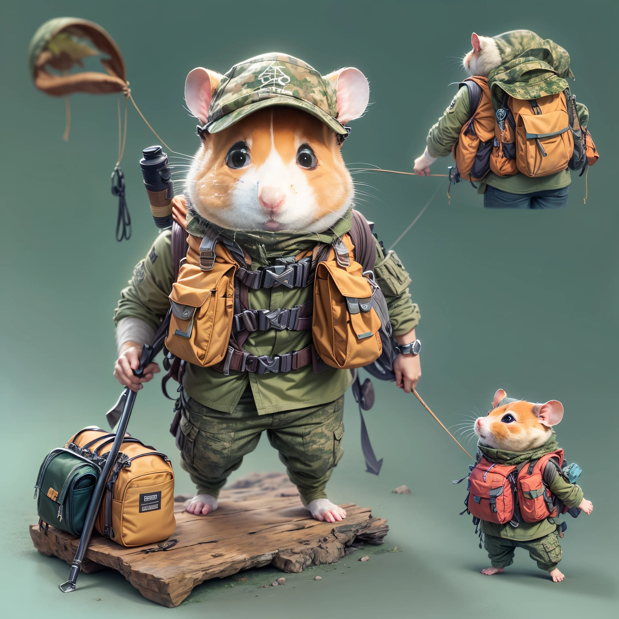 1 cute hamster adventurer，(garments：Hamster adventurer wears a lightweight yet hard-wearing adventure outfit。This outfit can include a camo-colored adventure vest，Plenty of pockets for carrying gadgets and food。It can also wear an adventure hat，The hat has a string tied to the chin，To prevent being blown away by the wind while traveling)。(equip：Hamster adventurer carries a small backpack，A rope tied to the backpack，Easy to carry。A backpack filled with essential adventure tools，like a small compass、folding telescope、Multifunctional knife, etc.。It may also carry a small trekking pole，to help travel in rough terrain)，Dutchman、Caribbean、Sail ships、adventuring、mod、Thrilling、treasures、adventurer、islands、originality、imagination，Dressed animals page
