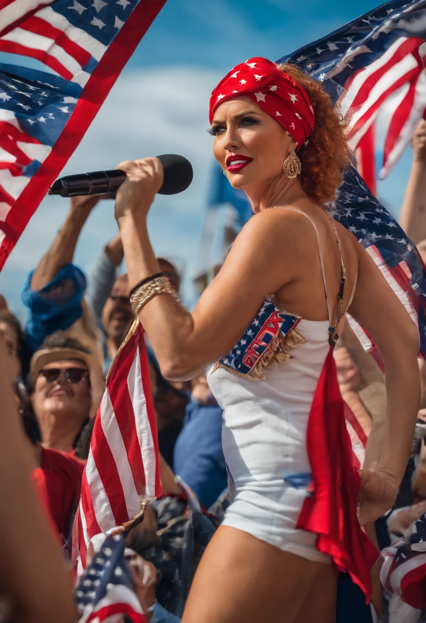 (Gates McFadden, age 25, nude, extensive flower body paint) doing an interpretive themed dance around a spring morning center stage, spotlight on her, crowd in stadium slightly shadowed
