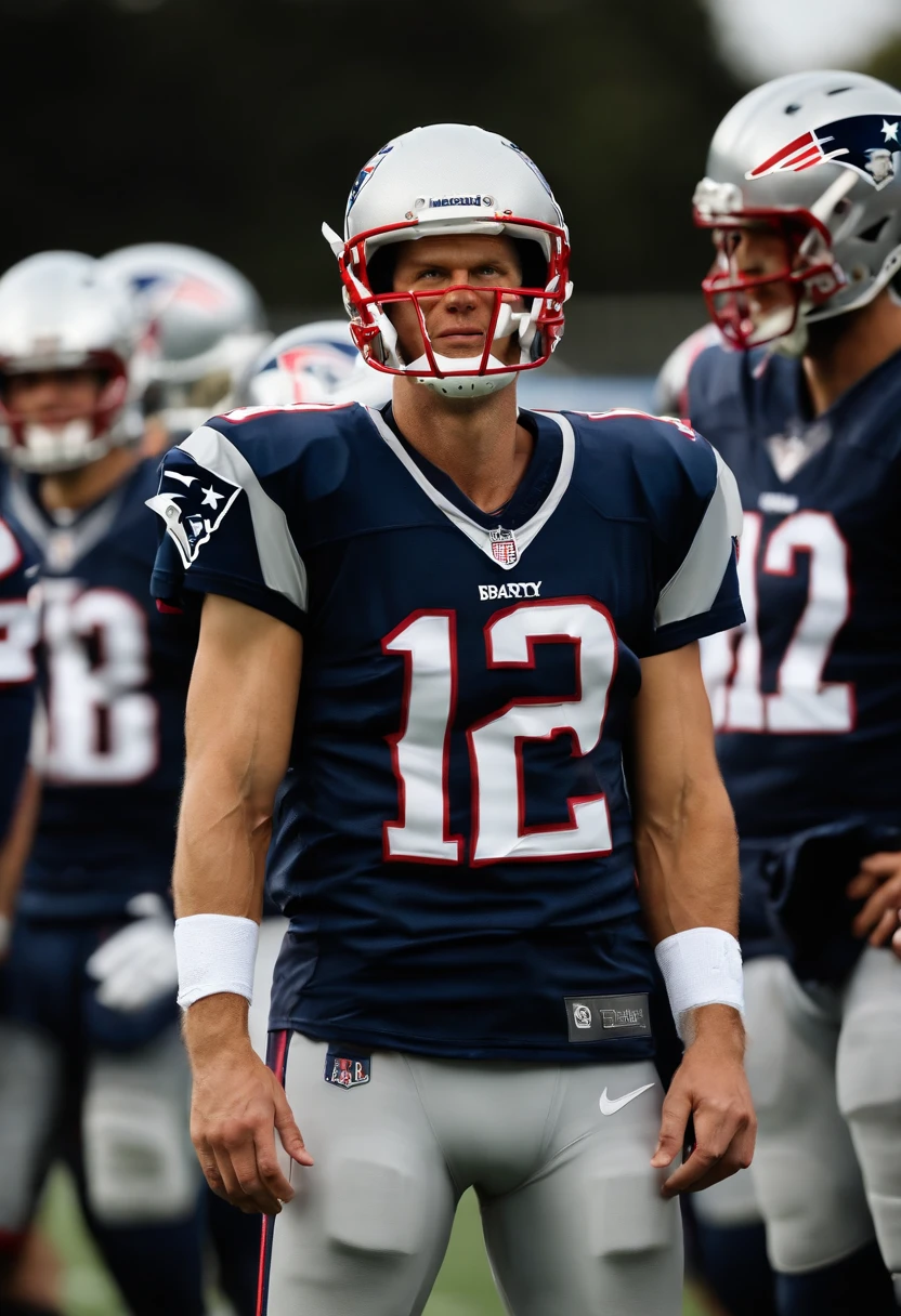 The image is a close-up of Tom Brady in workout gear, leading a team huddle on the football field.,New England Patriots,Tom Brady, the recently retired renowned American football quarterback, is known for his athletic build, standing tall with a lean, yet muscular physique honed from years of rigorous training and play. He often appears clean-cut, with short hair and a well-maintained appearance, reflecting his disciplined and focused nature., male