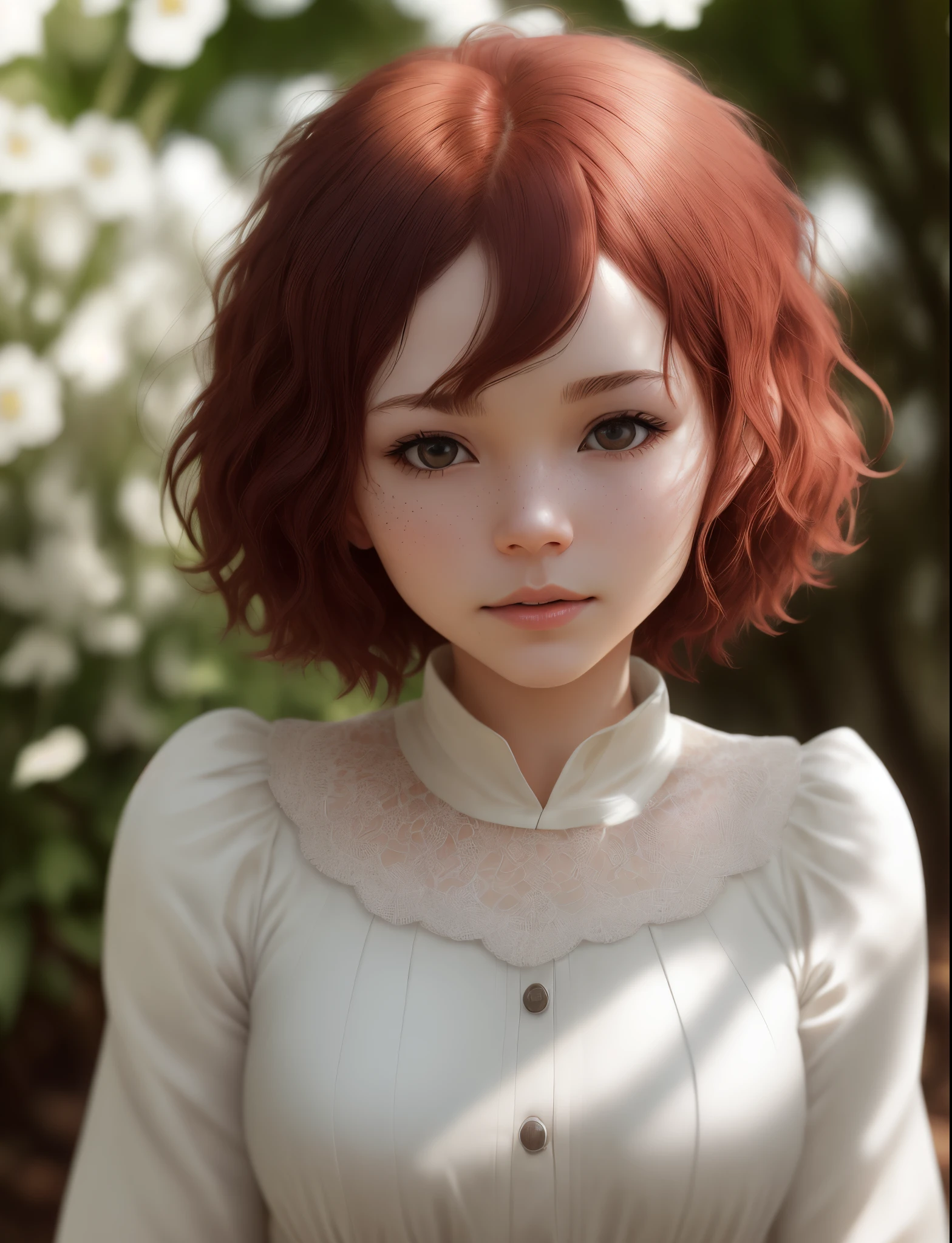 (Elegant, Beautiful face), transparent white dress, forest moson freckles: 0.8), flower  field, curly red hair, Cute mom, Magical atmosphere (Short hair), (Detailed skin, Skin Texture), (intricate detailes, Fine details, Hyper Detail), Ray tracing, Subsurface scattering (Fantastic underground world in the background), Diffuse soft lighting, Shallow depth of field ( Learn more about Vivian Sassen, Brian Oldham), Sharp focus bokeh (Photo Quality: 1.4)