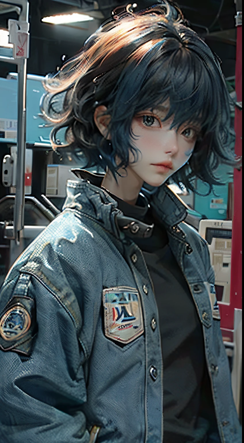 girl, Short faded messy curly hair, Blue mixed black cool jacket, boy face,