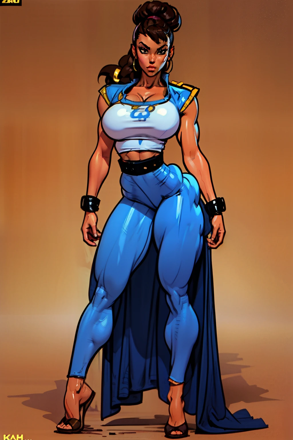 ((masterpiece)),(((best quality))),((character design sheet)), Drawing of street fighter  Chun Li, large Breasts, Thick Thighs, Super Wide Hips, Huge Ass, Perfect Body, Ultra Detailed Face, Brown Hair, Blue Legging Pants, Stuck Hair, Two Buns in Hair, in style of HNK and 80’s anime, comic book style in HNKstyle, 80's anime style