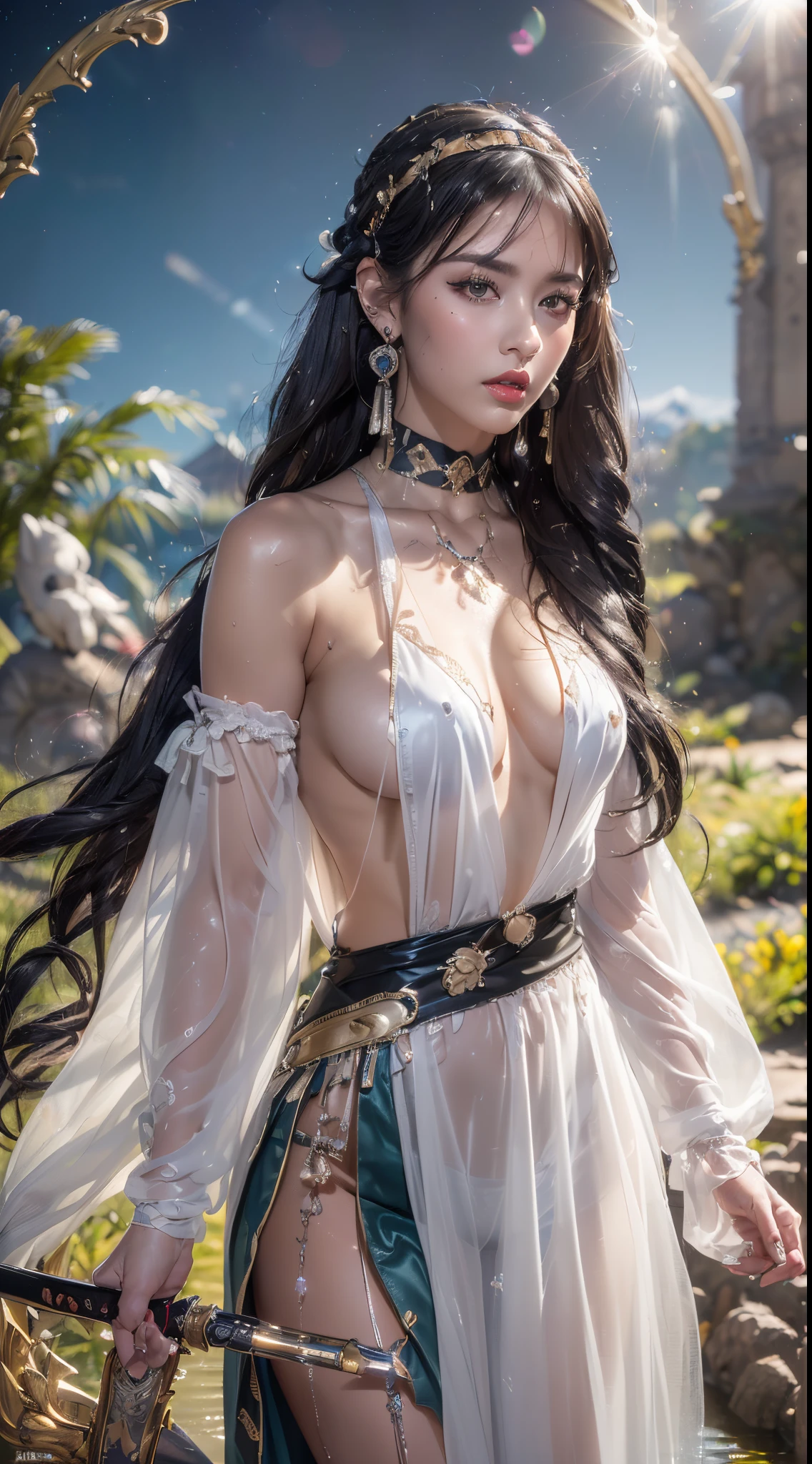 (masterpiece),(best quality:1),(ultra highres:1),wallpaper,detailed illustration,detailed beautiful skin,dewy skin,sweaty skin,perfect ligthing,(front focus),(very_long_legs:0.8),(torn pantyhose:1),(idolmaster shiny colors,Cowboy Shot,topless,straight black hair,absurdly long hair:1.5),((1girl, weapon, long hair, sword, looking at viewer, dress, solo, twintails, water, holding, bow, breasts, white dress, katana, outdoors, very long hair, holding sword, holding weapon, detached sleeves, hairband, from side, silver hair, hair bow, lips, black bow, sheath, bare shoulders, rock, closed mouth, grey eyes, standing, å å°„, sheathed, nose, ripples, white hair, pink nails, realistic, choker, blue eyes, lake, medium breasts, upper body, see-through, jewelry, fingernails, ribbon, makeup, wading, small breasts, black hairband, earrings, bangs, looking to the side, nail polish, red lips, hair ribbon, eyelashes, solo focus, pond, see-through sleeves, lens flare, sunlight, sleeveless dress, black ribbon, expressionless, skirt, sleeveless, glint, grey hair, long sleeves, pink lips, lipstick, halterneck, sky, shadow, blush, ponytail, black choker, partially submerged, sun, night, parted lips, ocean, blurry, day, artist name, sash, parted bangs, shiny, pale skin, arm at side, grass, scabbard, hair ornament, shiny skin, mascara, wet, sideboob, pillarboxed))