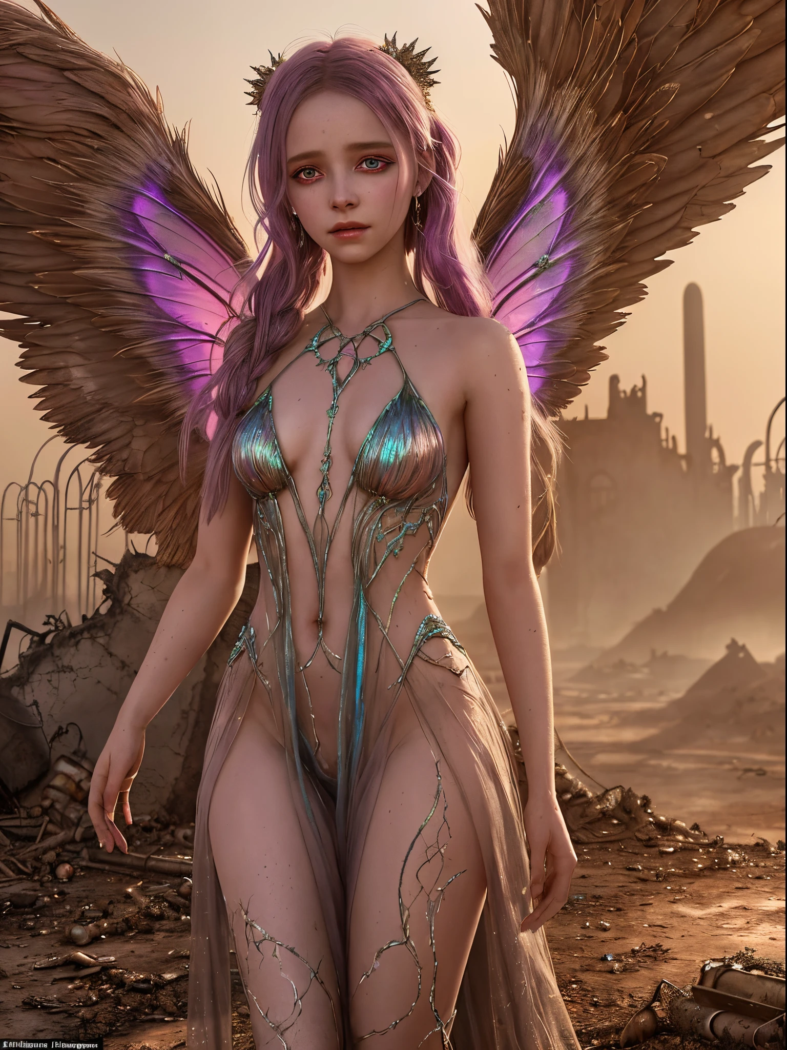 In the desert, polluted world, fairy pixie wanders, her graceful figure and glowing wings contrast with the dirt and destruction, that surrounds her. This mesmerizing image, depicted in stunning digital painting, effortlessly conveys the essence of dystopia. Iridescent pixie wings sparkle in vibrant hues, reflecting remnants of natural beauty amidst urban decay. Her wide and slightly sad eyes emit a soft light, as a symbol of innocence. Masterfully rendered details highlight every fragile, but the elastic strand of her unearthly hair, The work smoothly intertwines elements of fantasy and dystopia, involving viewers in a story about the world, desperate for magic among its ruins.