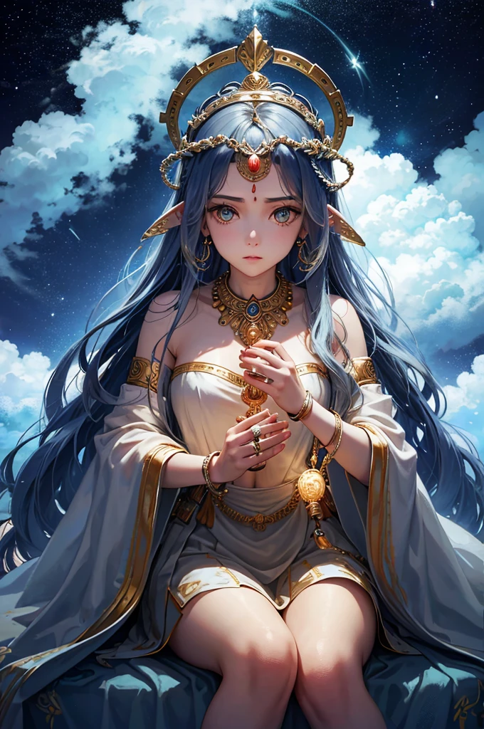 Saraswati, seated under a tree position on a throne of clouds, adorned with a Soi Sangwan around her neck and strum Crocodile musical instrument right hand,left arm,wear crown on head, matted hair cascades down her broad chest, and her two eye, symbolizing the power of destruction and illumination, is slightly open.In her other hand, wear a flower banger, symbolizing the two realms of existence:scriptive and bead . Goddess Uma, her consort.is seated on her left thigh, her arm wrapped around her affectionately. She has long, flowing hair, and her right hand holds a string of prayer beads while her left hand rests on Shiva's chest, cosmic fallen angel, olhos claros brilhantes, Biomechanicals, estranho, assustador, Pesadelo, cores muito brilhantes, light particles, com luz brilhante, Mshiff, Arte do papel de parede, Papel de parede UHD