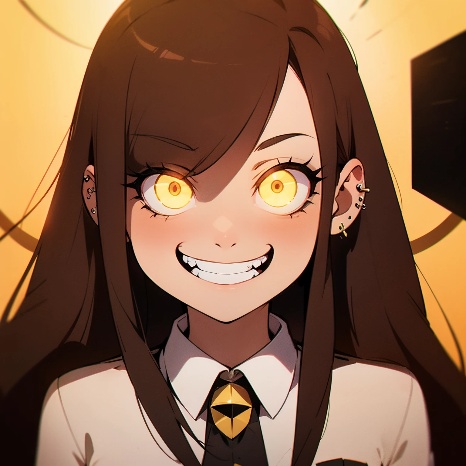 Bill Cipher possessing Mabel, 'I have Mabel's body',successfully possessed Mabel, Glowing yellow piercing eyes, pervy evil grin, 'this is my body now', hahahaha, satisfying looks, grown up version Mabel, wearing uniform